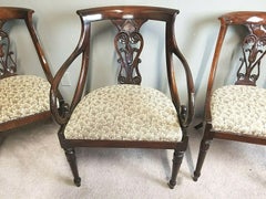 Antique English Regency Solid Mahogany Scroll Arm Dining Chairs, Set of 5