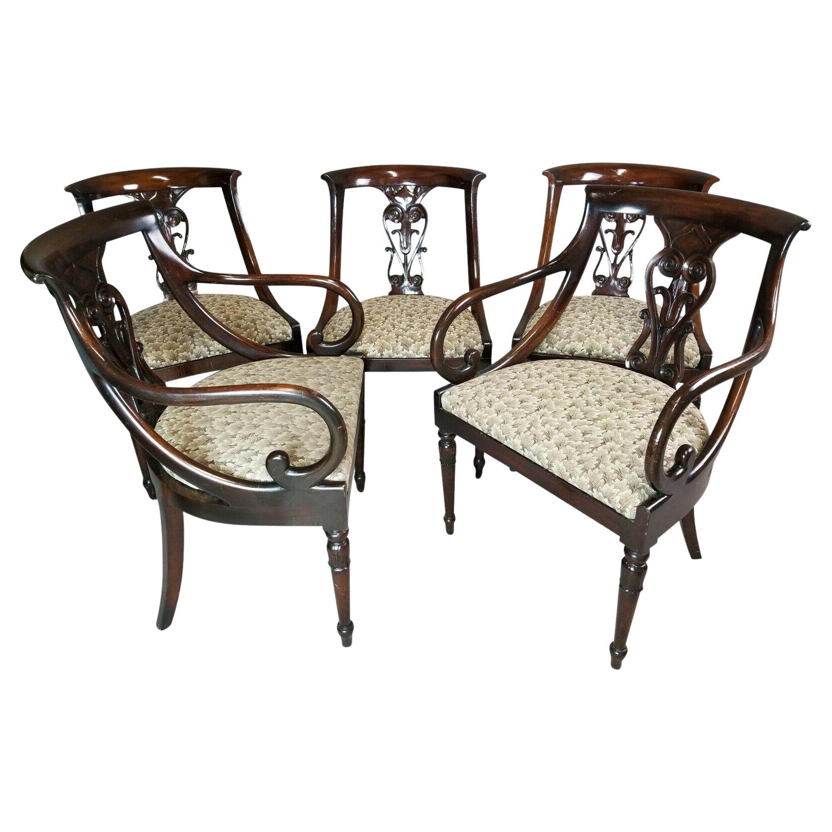 Antique English Regency Solid Mahogany Scroll Arm Dining Chairs, Set of 5