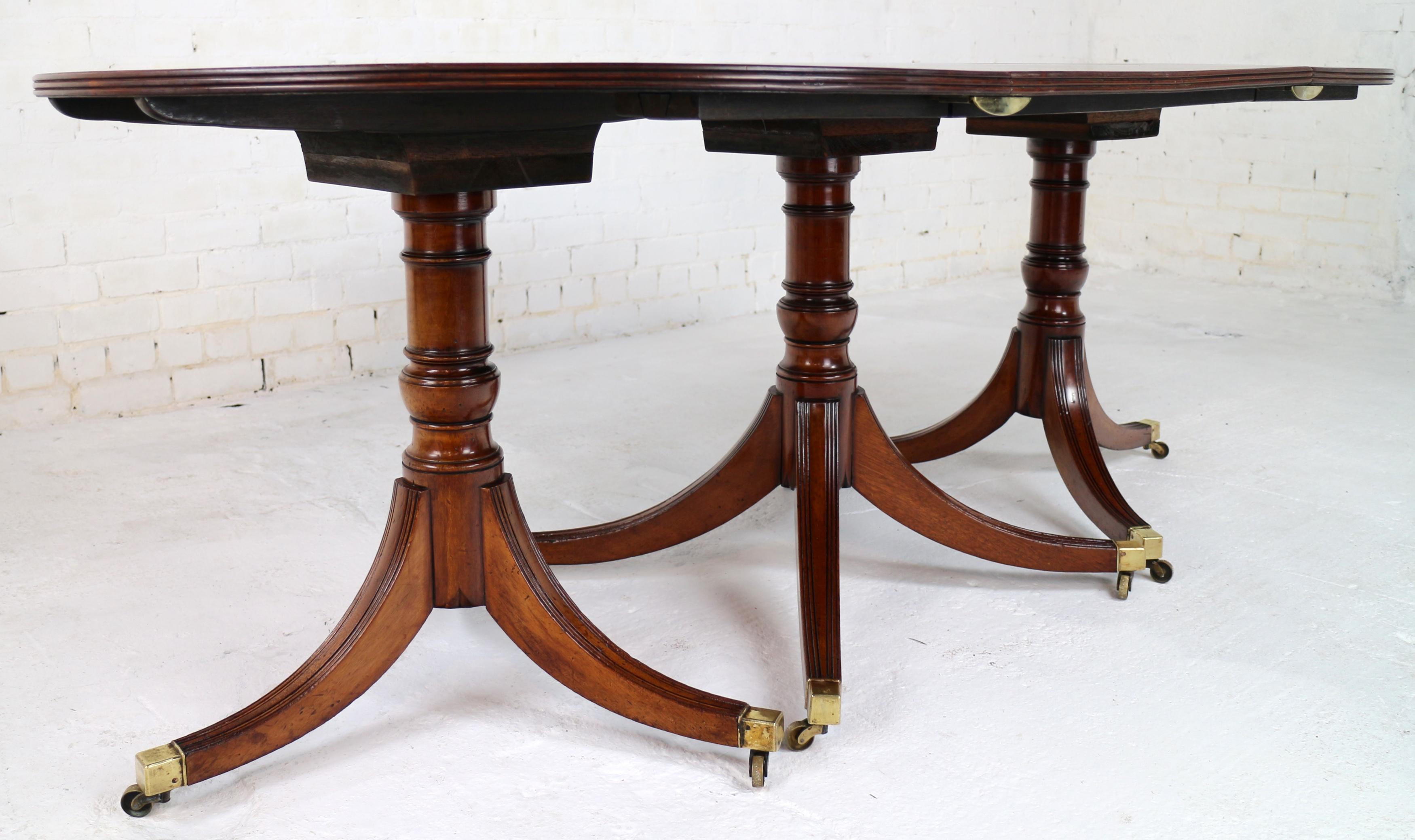 Antique English Regency Solid Mahogany Three Pillar Dining Table and 2 Leaves 7