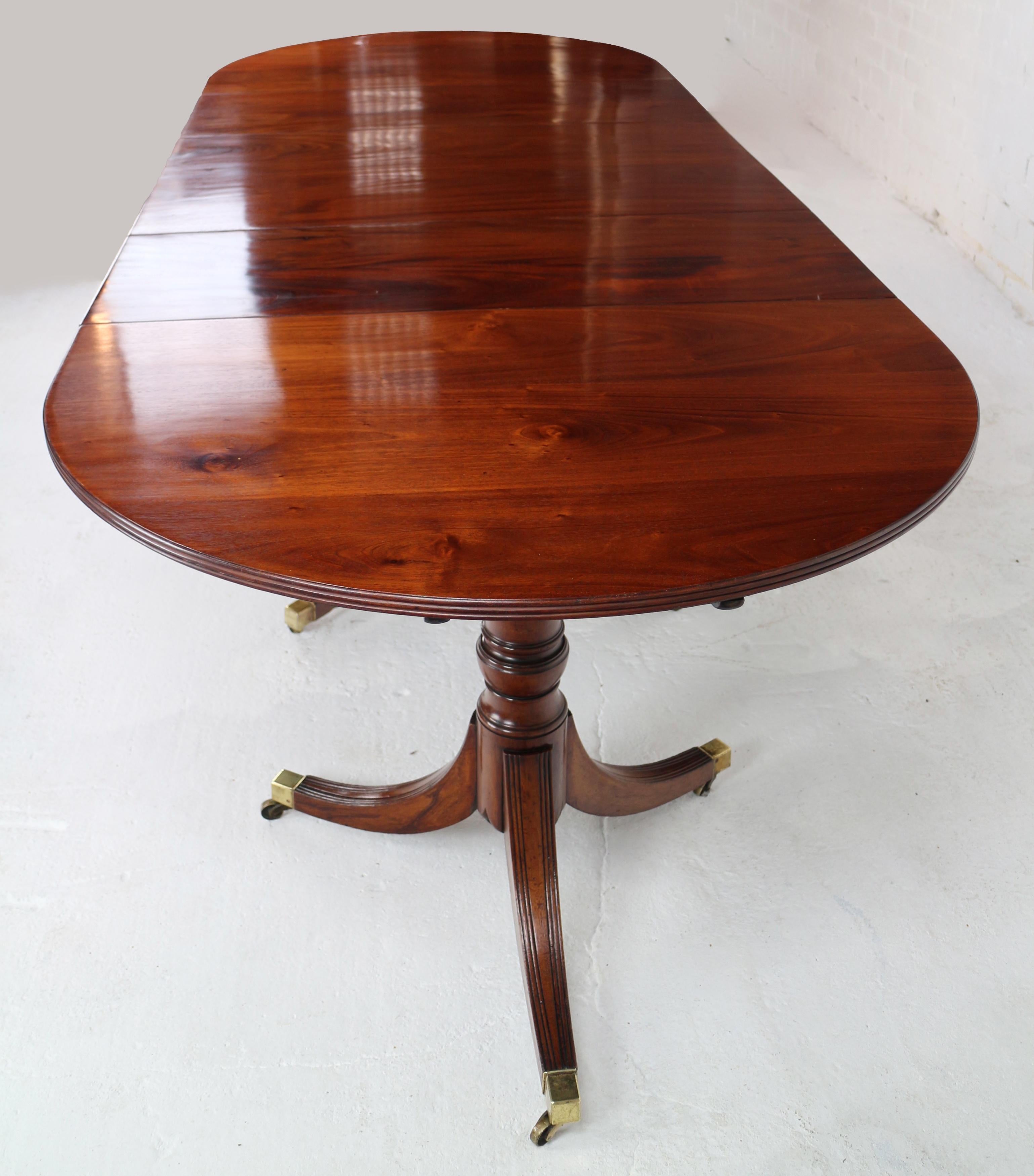 19th Century Antique English Regency Solid Mahogany Three Pillar Dining Table and 2 Leaves
