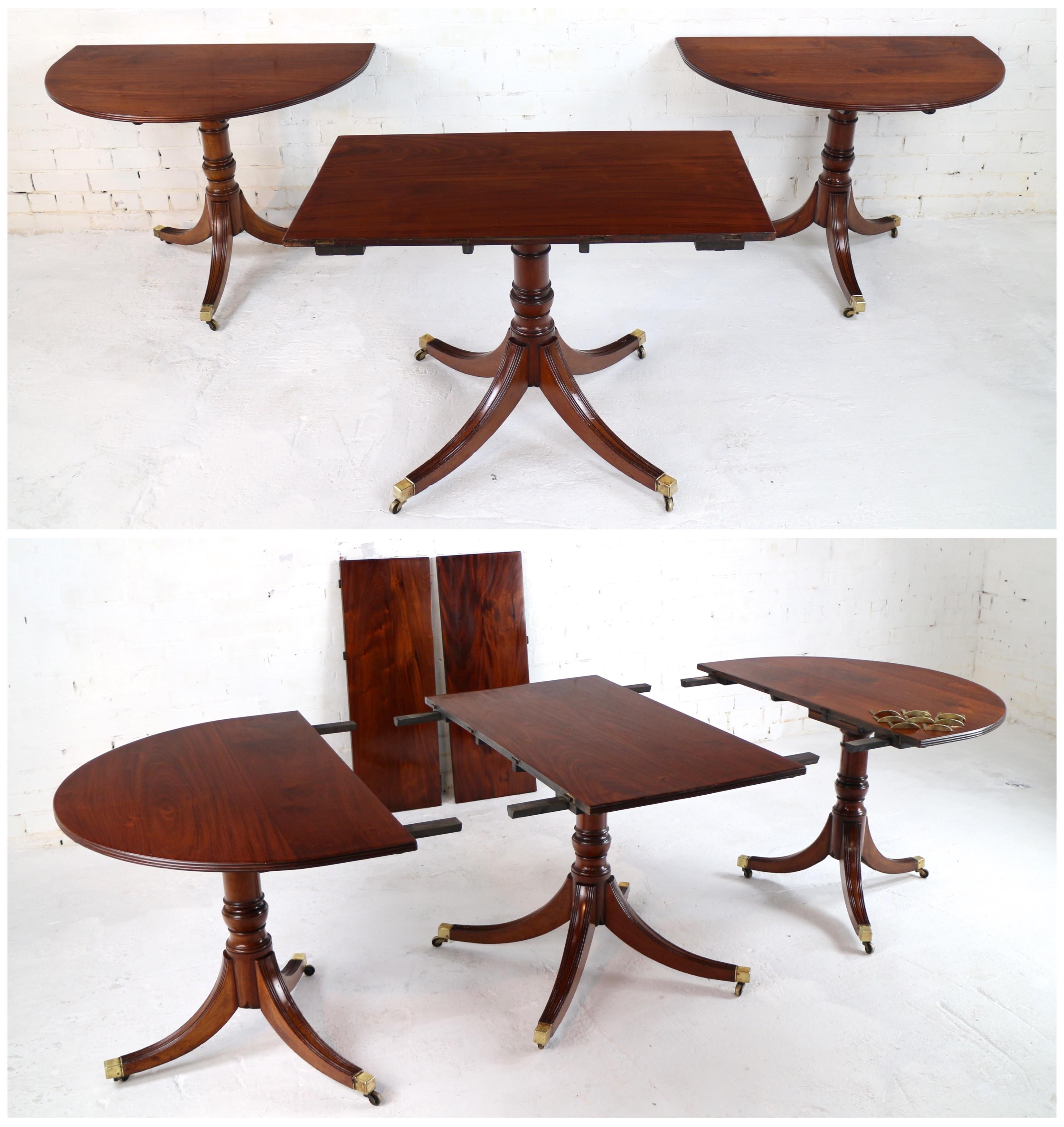 Antique English Regency Solid Mahogany Three Pillar Dining Table and 2 Leaves 1