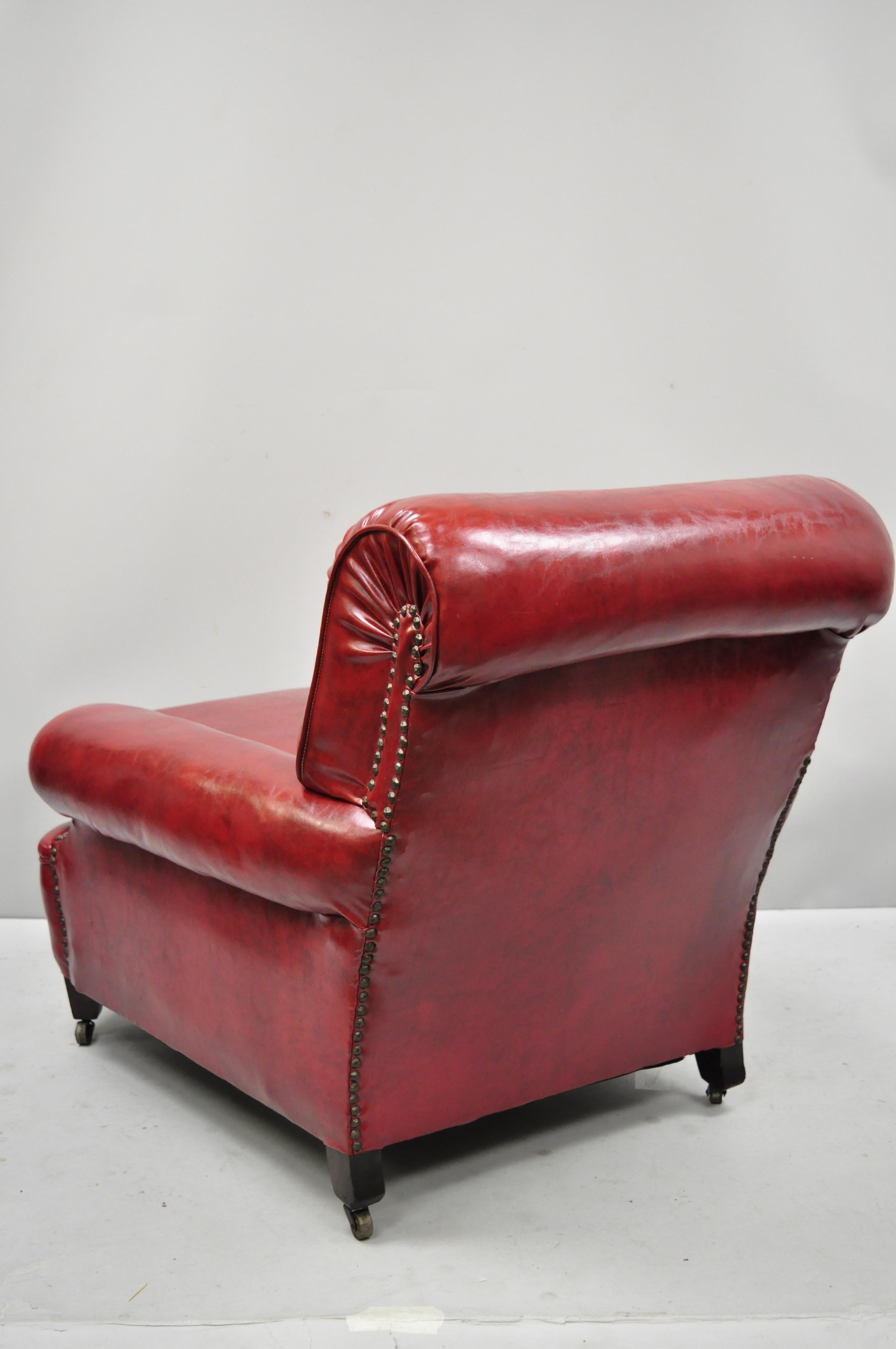 Antique English Regency Style Burgundy Red Vinyl Faux Leather Club Lounge Chair 1