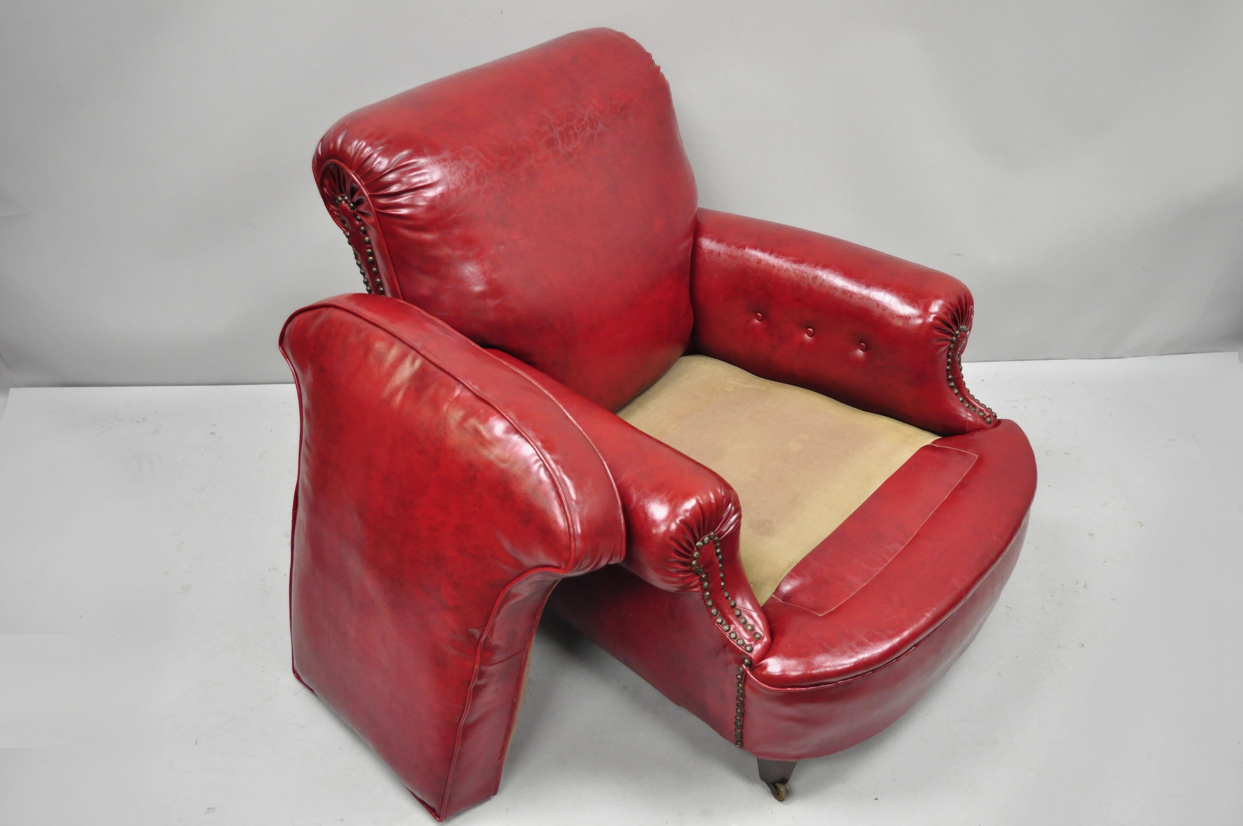 Antique English Regency Style Burgundy Red Vinyl Faux Leather Club Lounge Chair 2