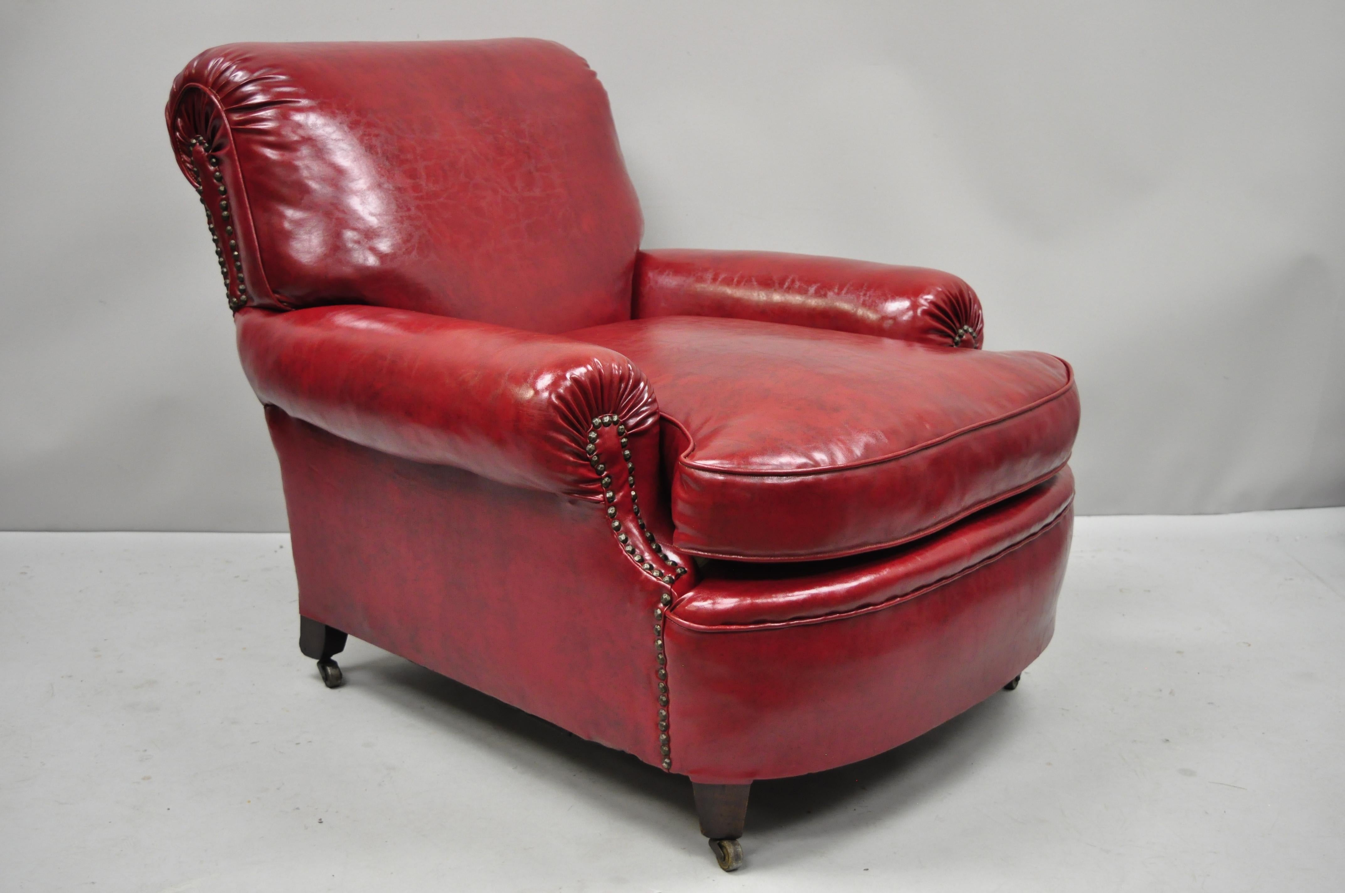 Antique English Regency Style Burgundy Red Vinyl Faux Leather Club Lounge Chair 3