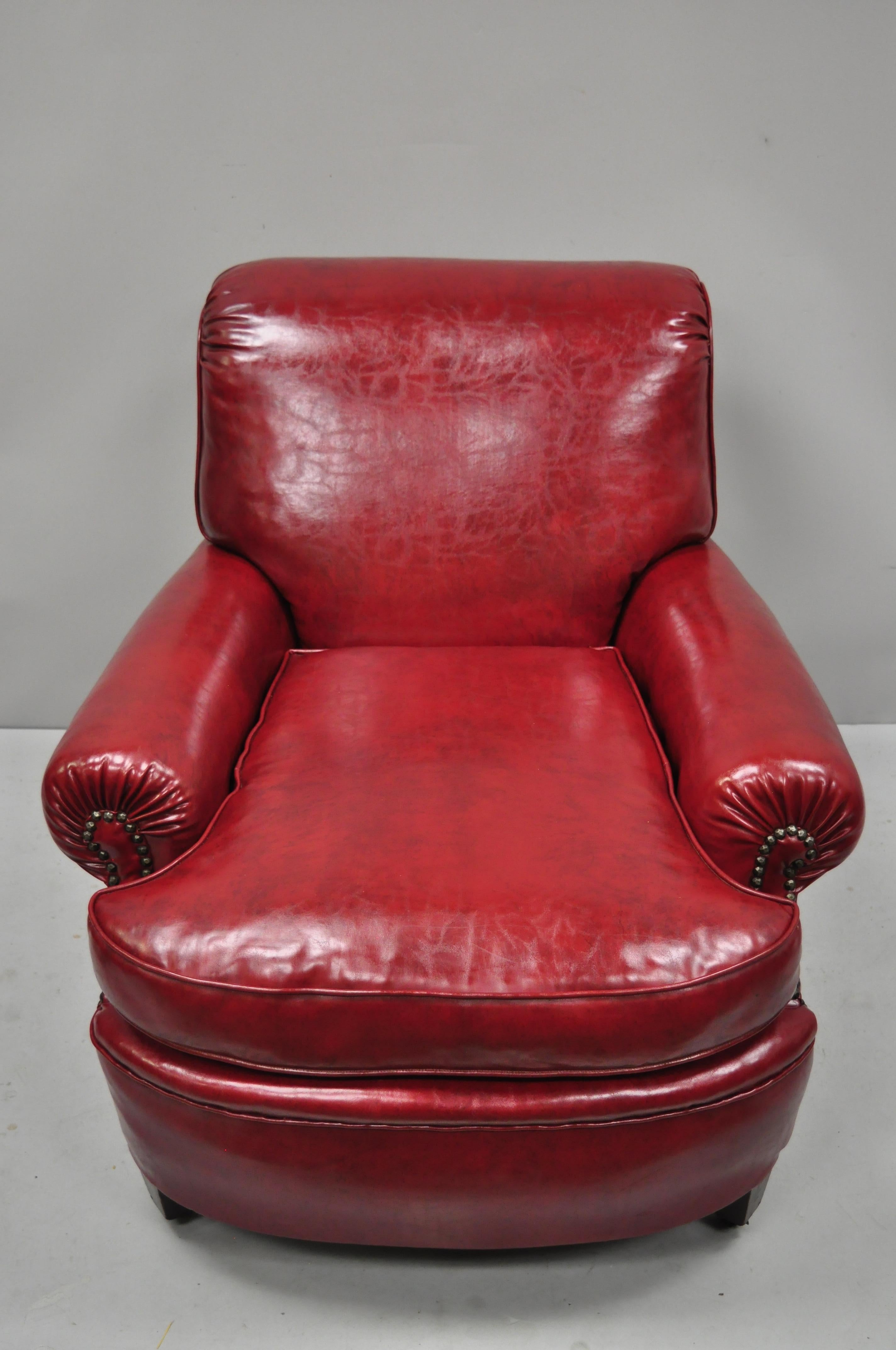 American Antique English Regency Style Burgundy Red Vinyl Faux Leather Club Lounge Chair