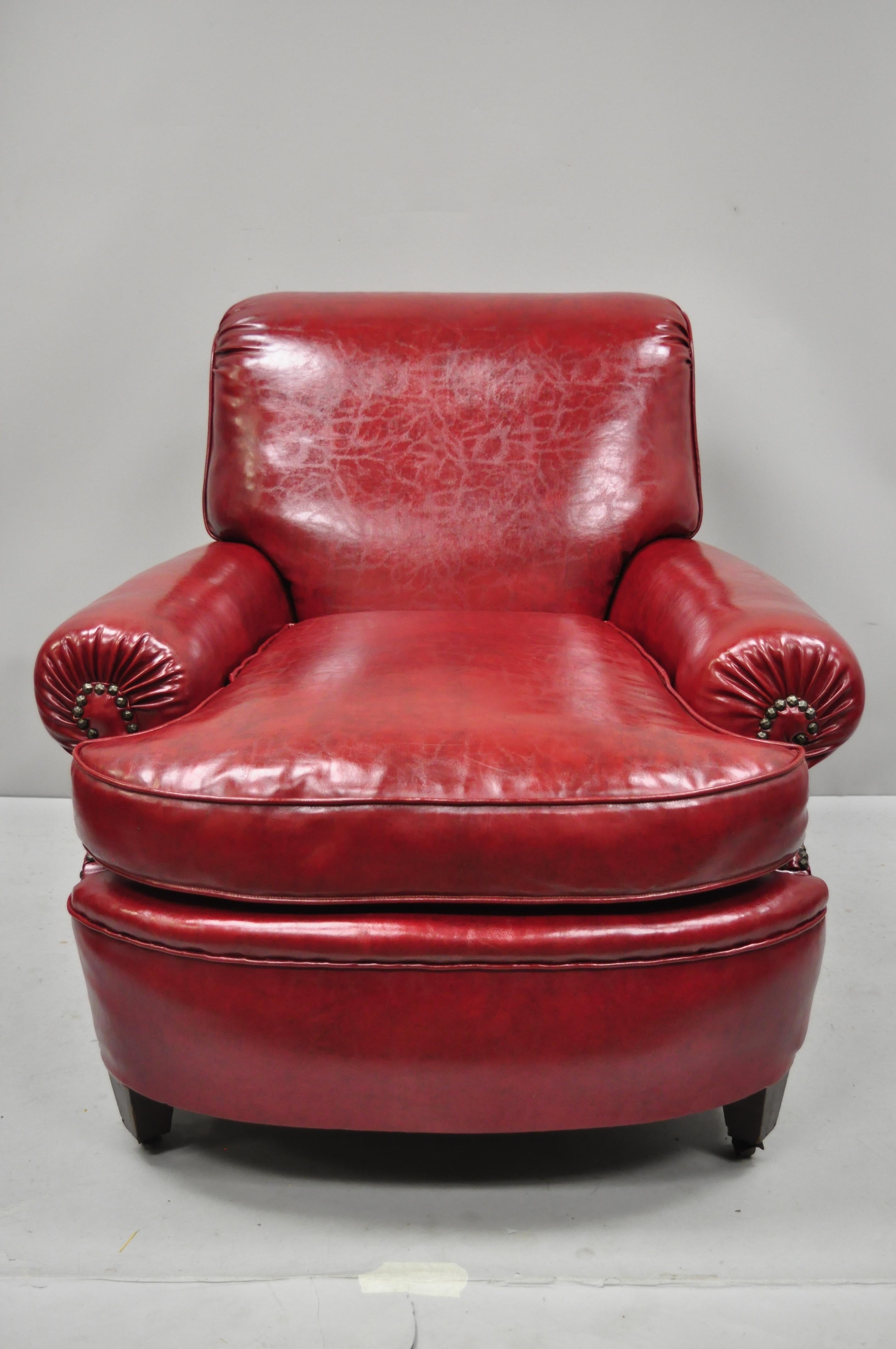 20th Century Antique English Regency Style Burgundy Red Vinyl Faux Leather Club Lounge Chair