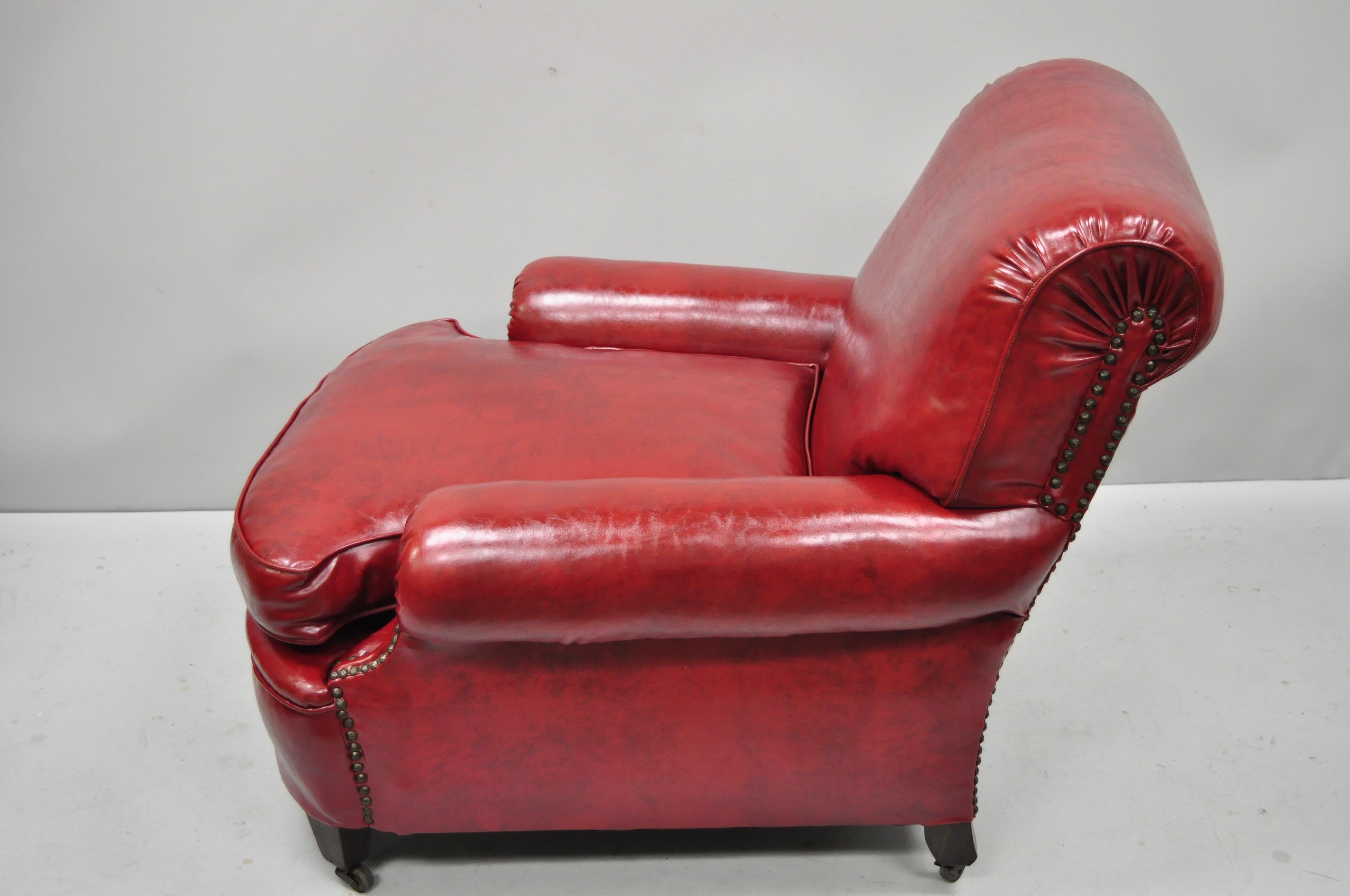 Naugahyde Antique English Regency Style Burgundy Red Vinyl Faux Leather Club Lounge Chair