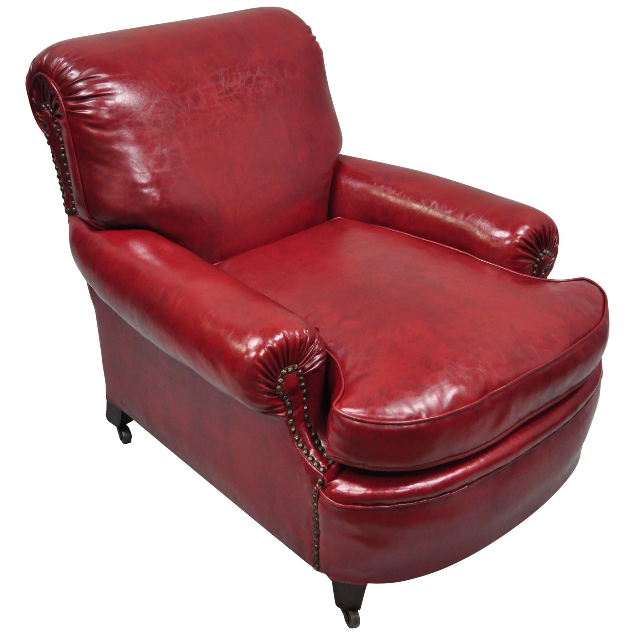 Antique English Regency Style Burgundy Red Vinyl Faux Leather Club Lounge Chair