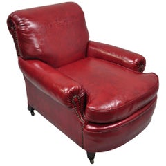 Fauteuil club ancien de style Régence anglaise en vinyle rouge bourgogne et faux cuir