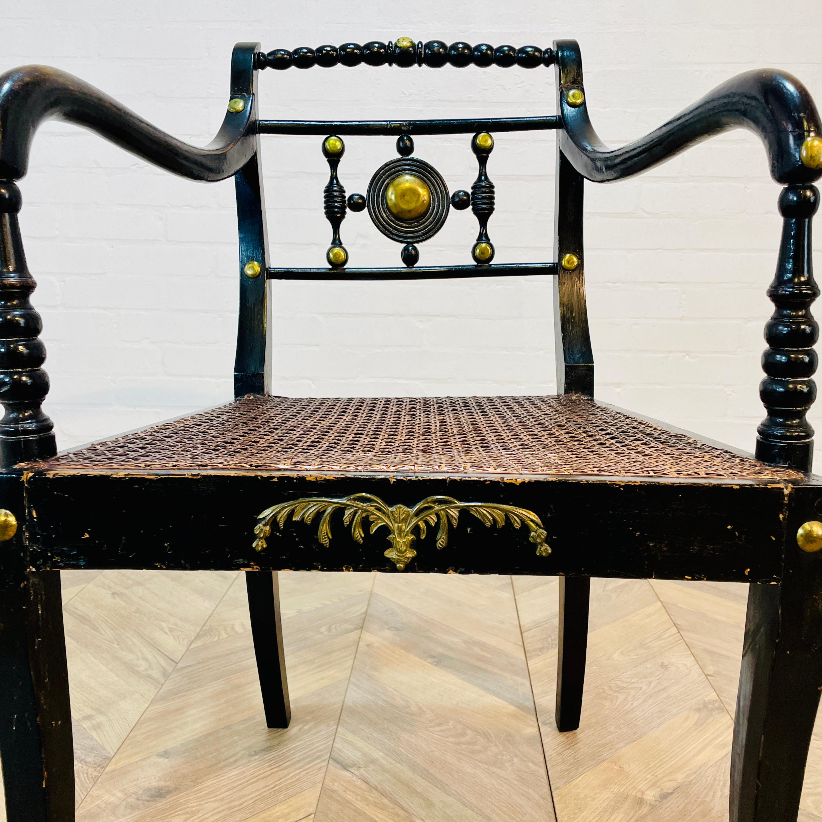 Antique English Regency Style Ebonised Bergere Side Chair In Good Condition For Sale In Ely, GB