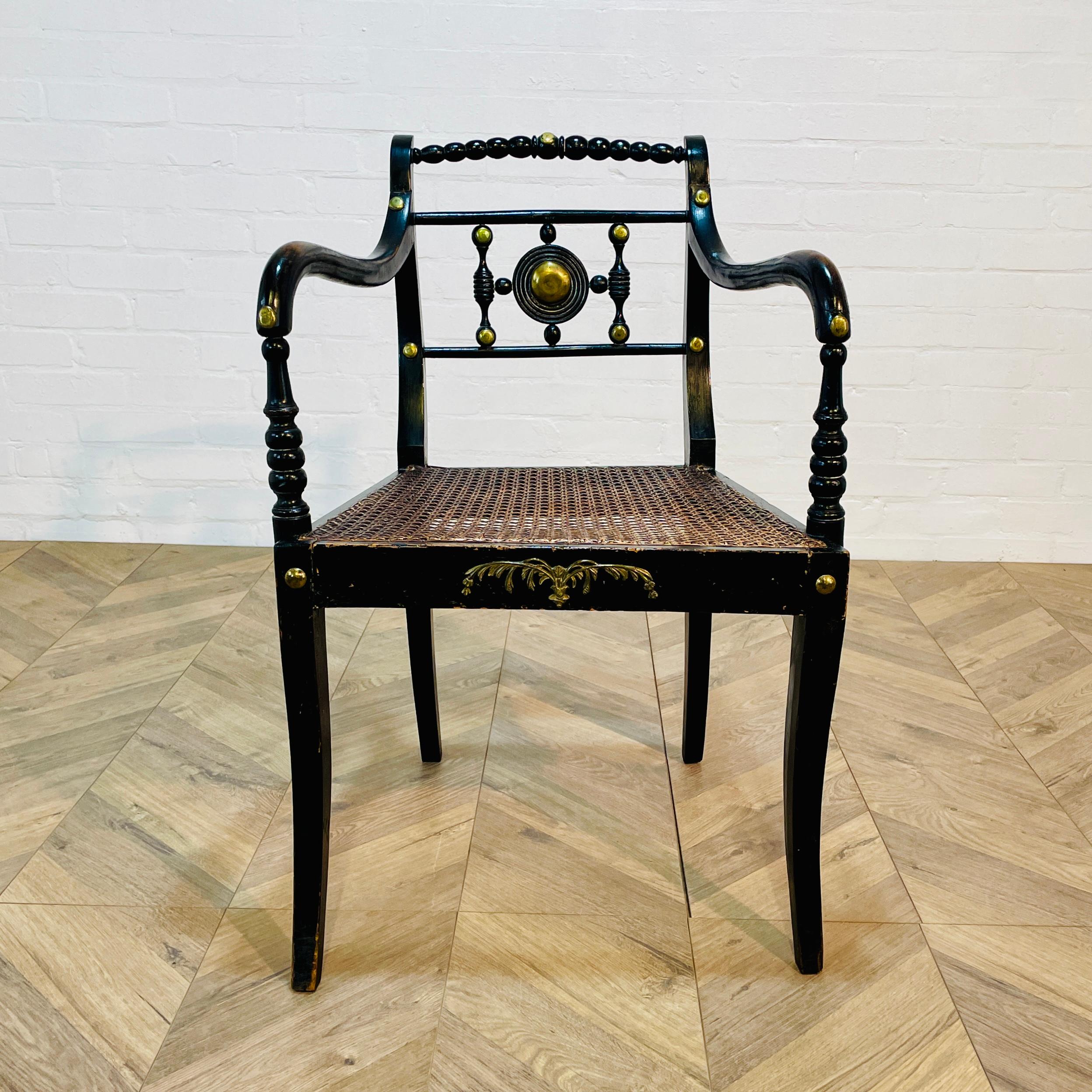 Early 20th Century Antique English Regency Style Ebonised Bergere Side Chair For Sale