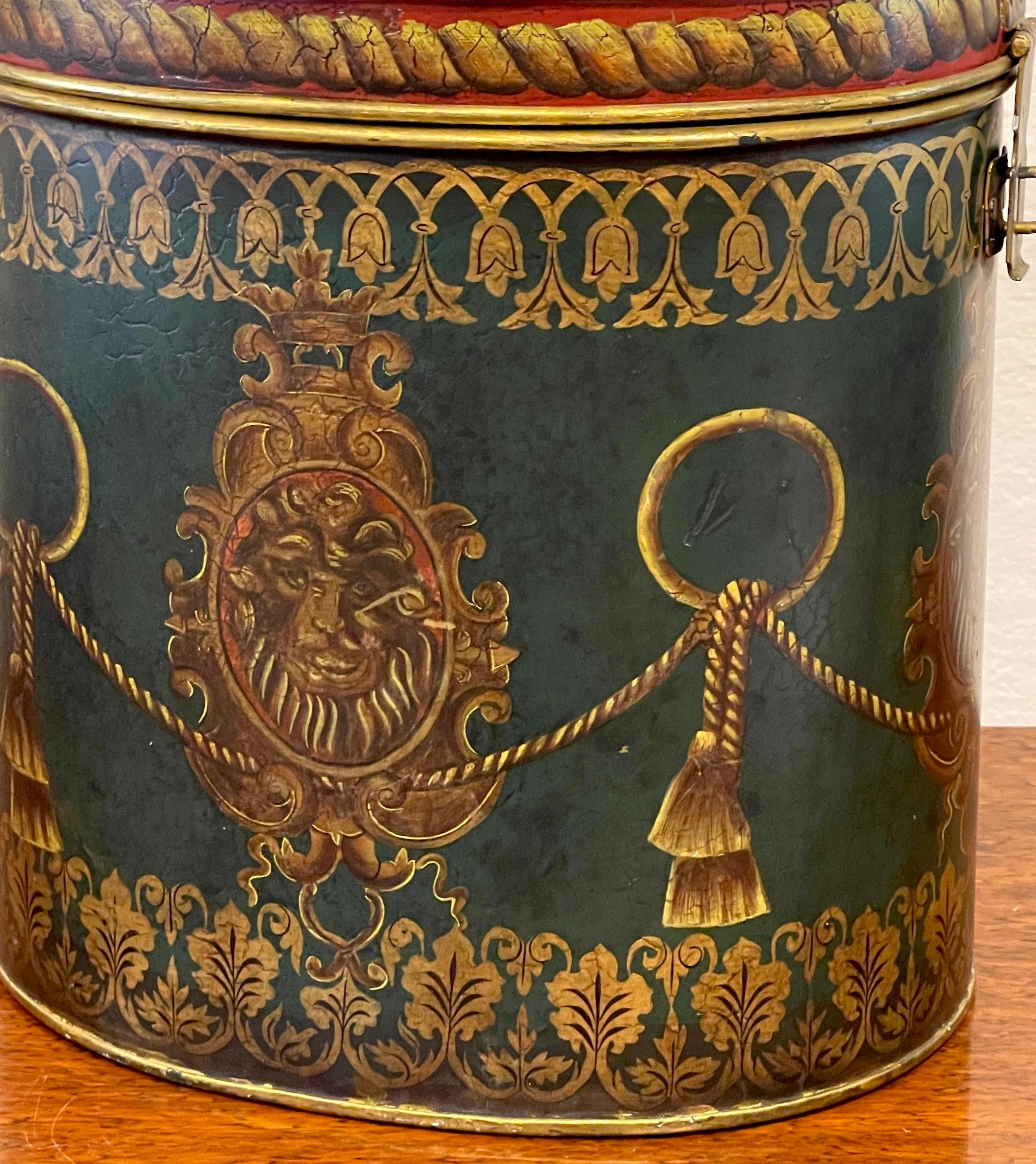 Gilt Antique English Regency Style Lion Motif  Oval Tole Box  For Sale