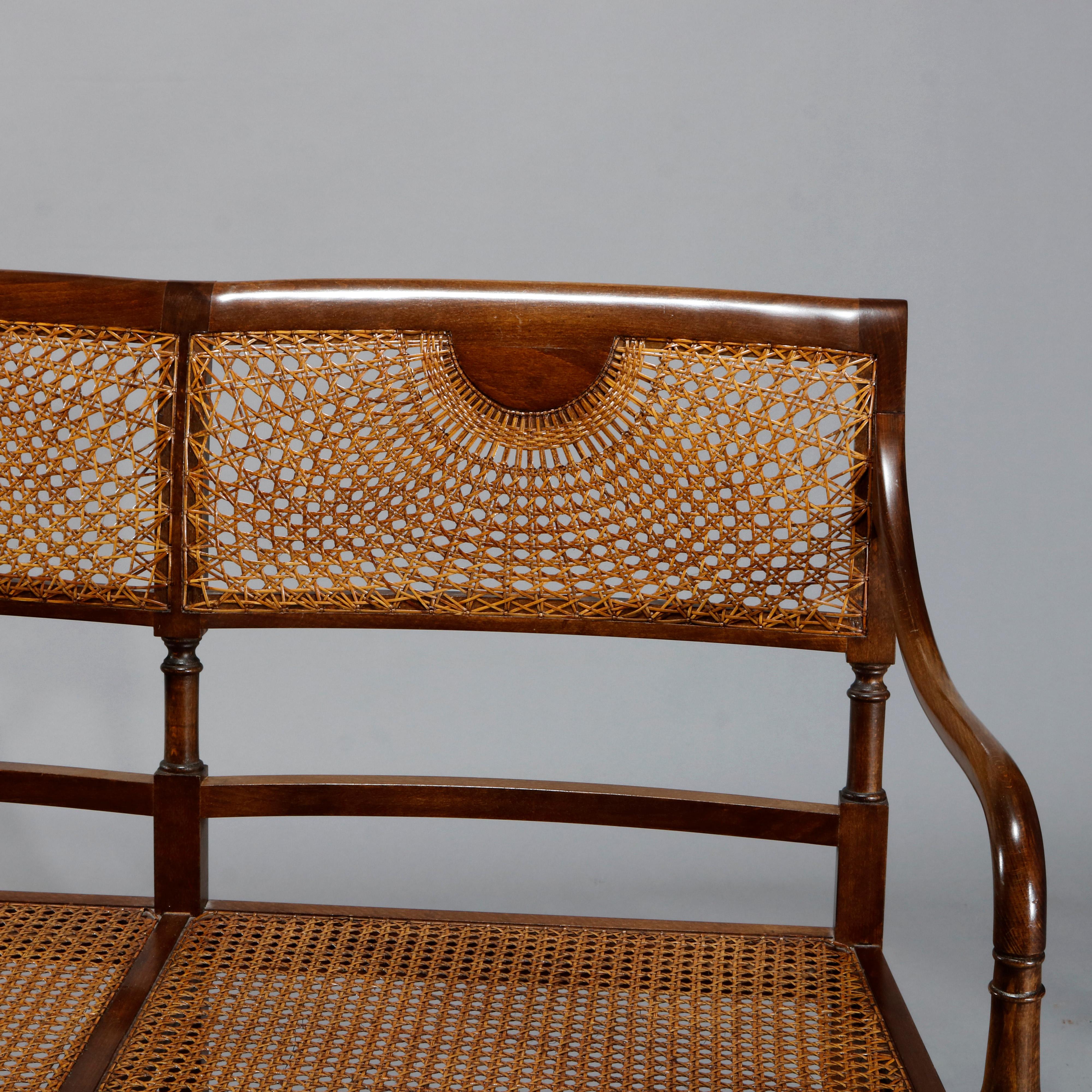 Carved Antique English Regency Style Mahogany & Pressed Cane Settee, C1930