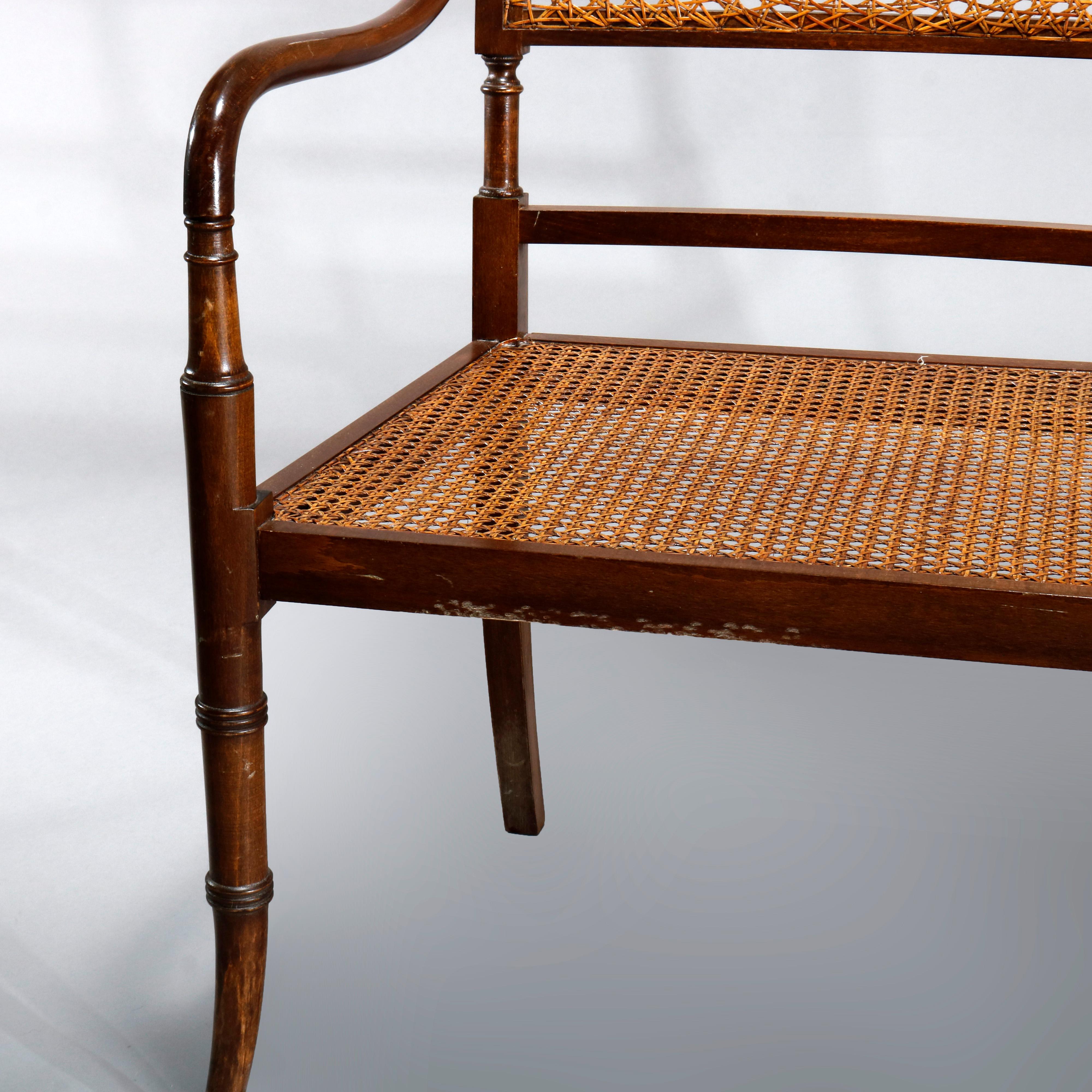 Antique English Regency Style Mahogany & Pressed Cane Settee, C1930 In Good Condition In Big Flats, NY