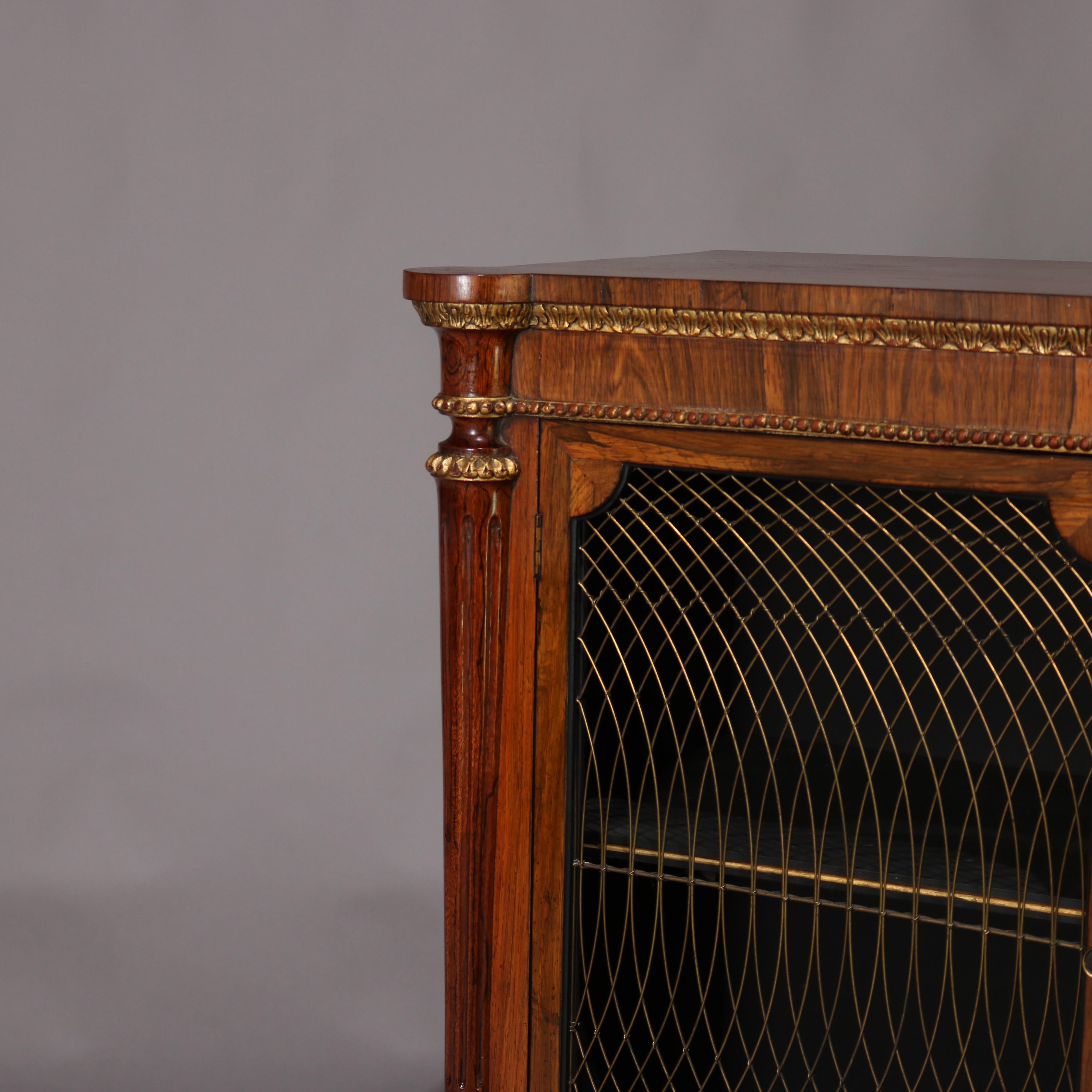 19th Century Antique English Regency Style Rosewood, Mesh and Gilt Two-Door Credenza