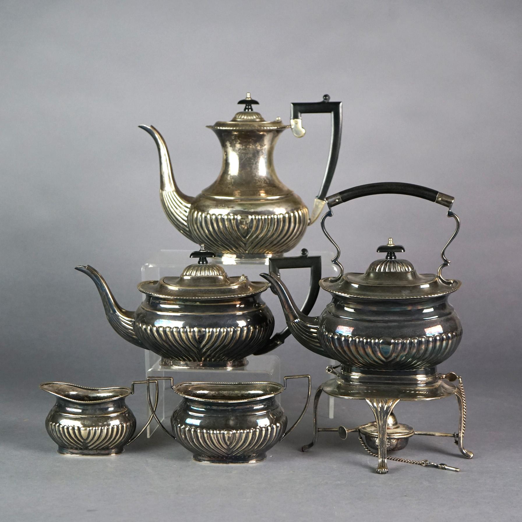 Antique Five-Piece English Regency Style Sheffield Silver Plate & Melon Bottom Tea Set, Maker Mark as Photographed,  19thC

Measures - Teapot with warmer 13