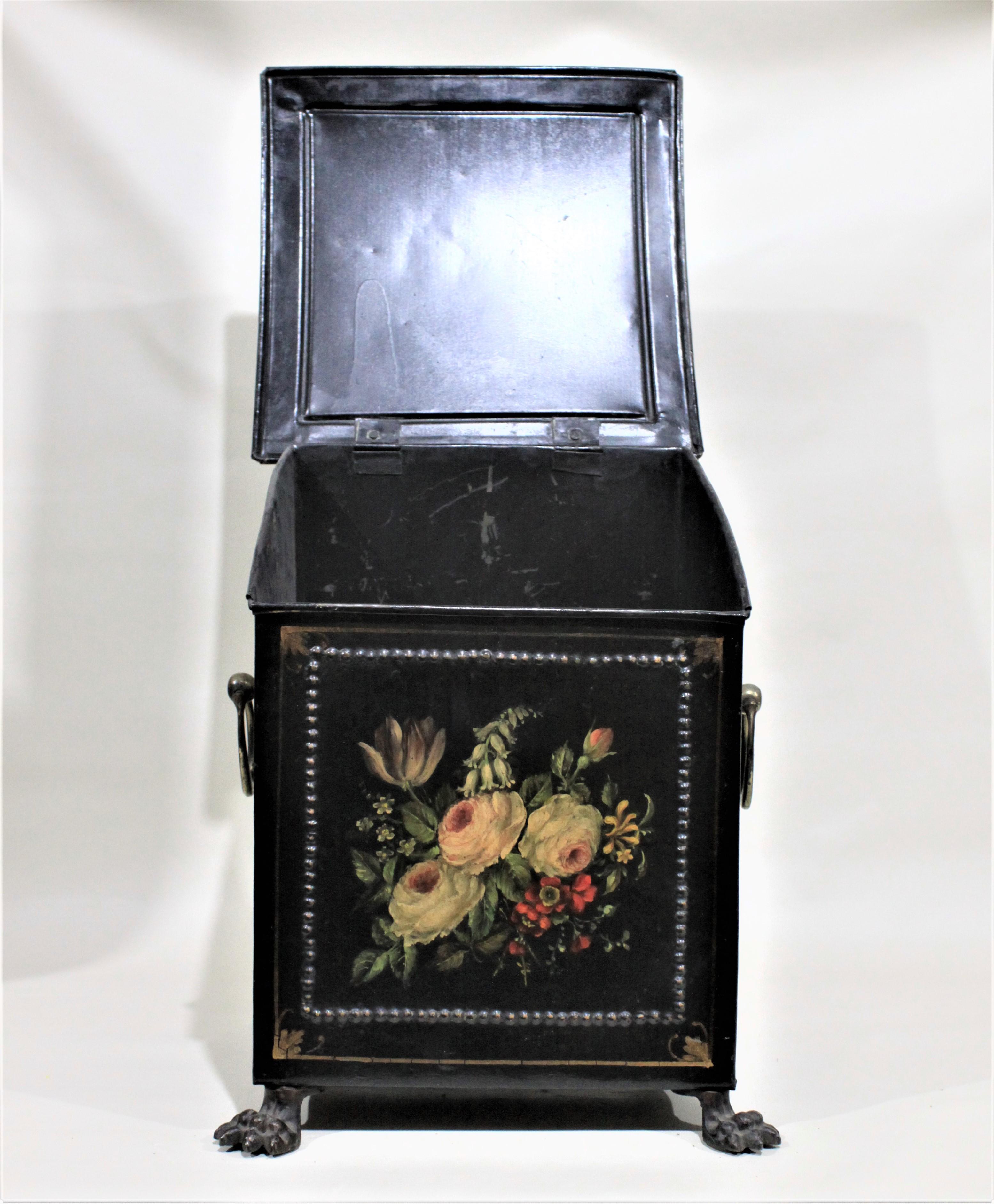 Metal Antique English Regency Toleware Footed Coal Box or Scuttle with Brass Handles For Sale