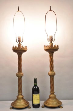 Antique English Renaissance Gothic Patinated Brass Candlestick Table Lamps Pair