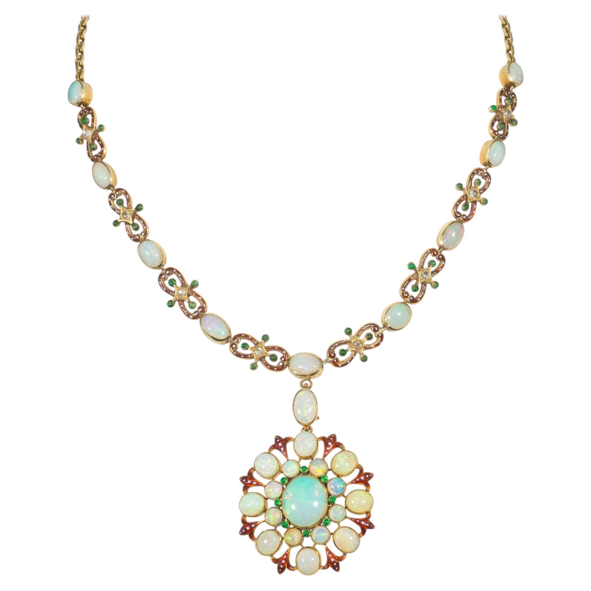 Antique English Renaissance Revival opal and enamel necklace For Sale