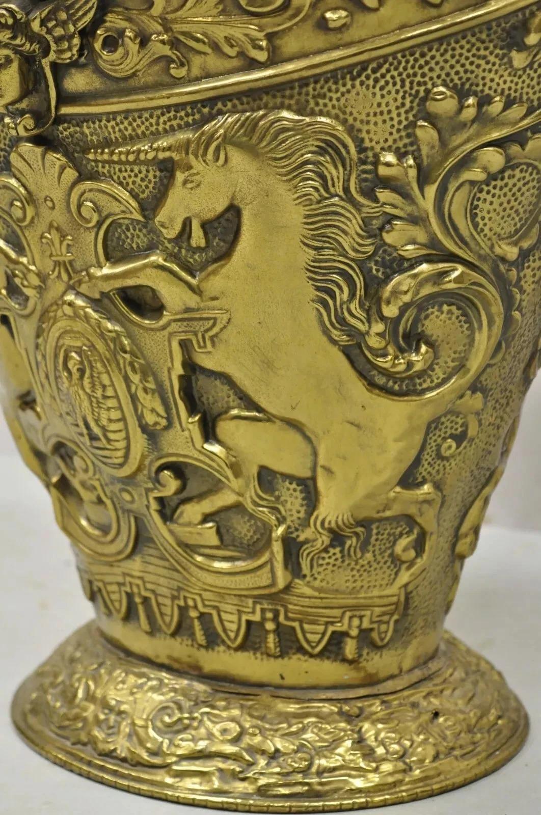 Unknown Antique English Renaissance Unicorn & Lion Brass Figural Coal Bucket Log Bin For Sale