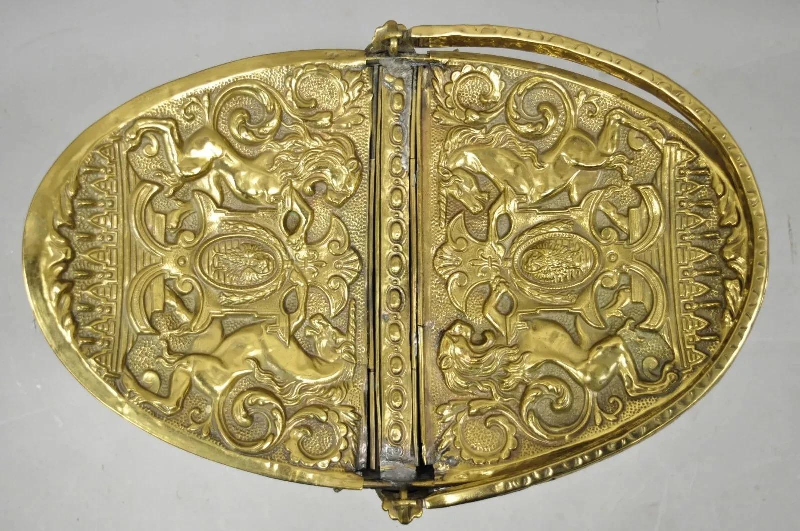 19th Century Antique English Renaissance Unicorn & Lion Brass Figural Coal Bucket Log Bin For Sale