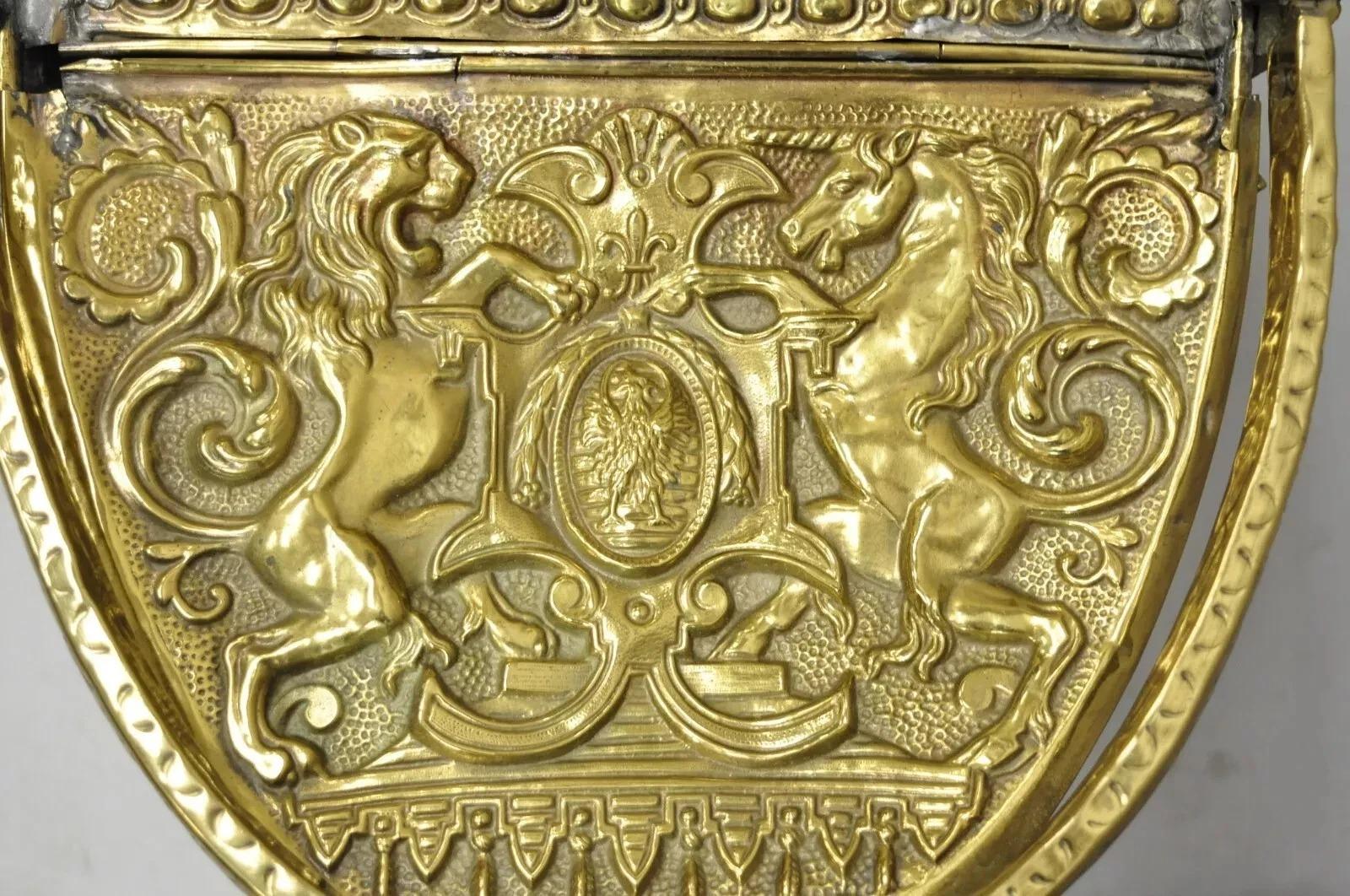 Antique English Renaissance Unicorn & Lion Brass Figural Coal Bucket Log Bin For Sale 1