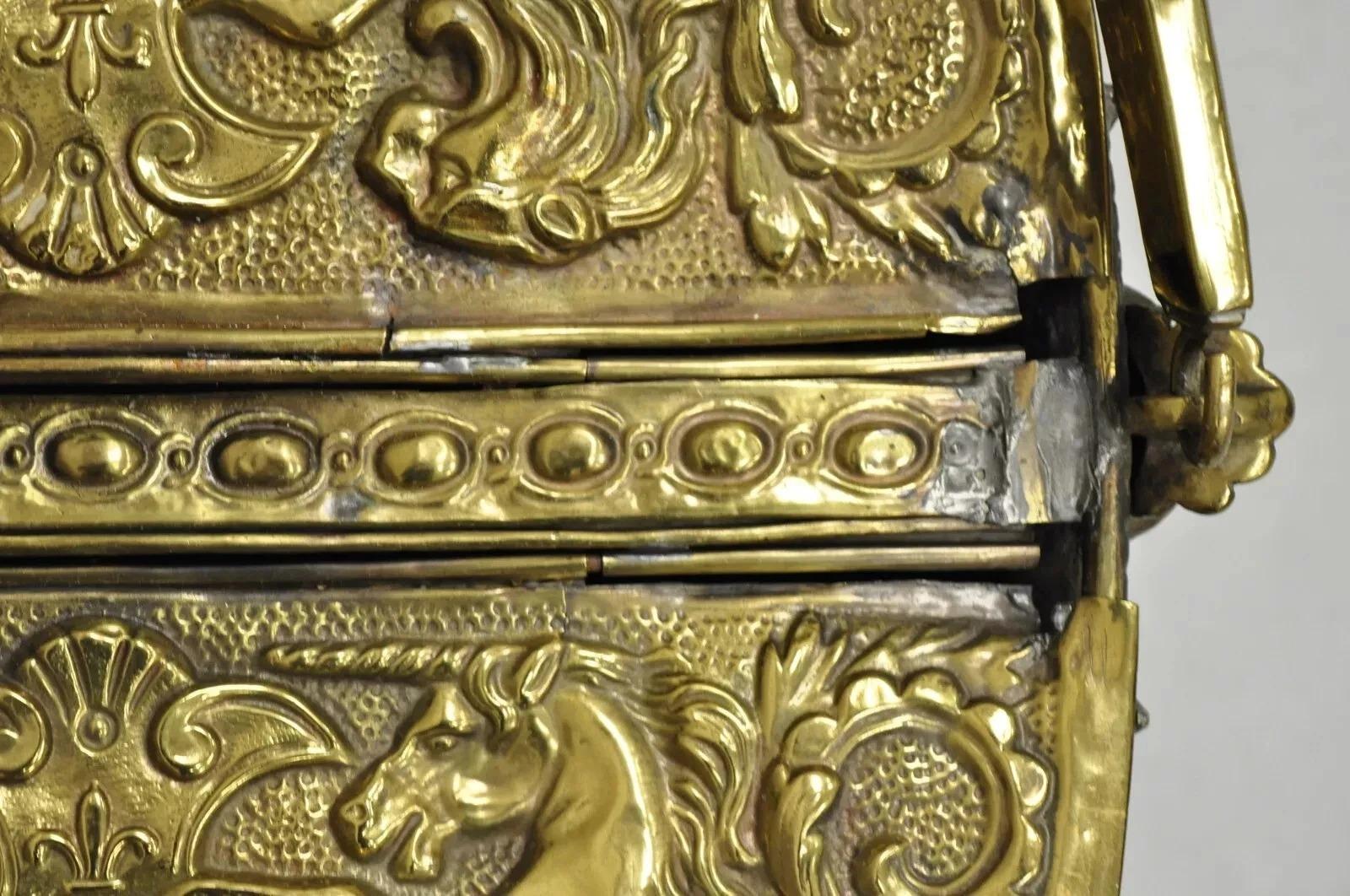 Antique English Renaissance Unicorn & Lion Brass Figural Coal Bucket Log Bin For Sale 3