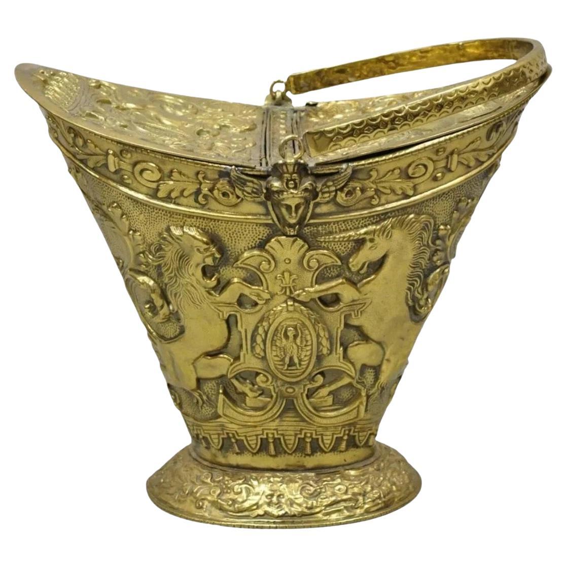 Antique English Renaissance Unicorn & Lion Brass Figural Coal Bucket Log Bin For Sale
