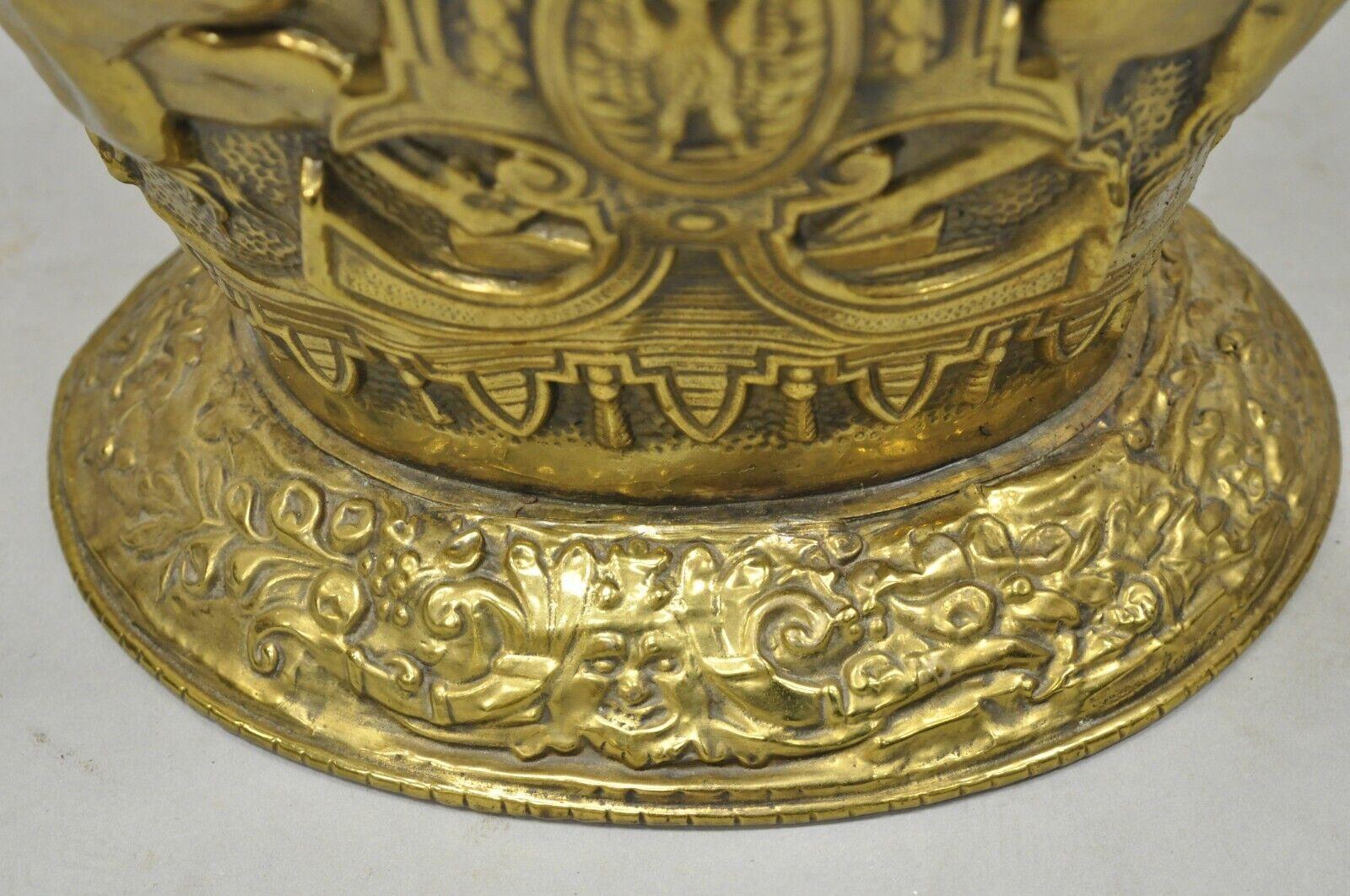 Antique English Renaissance Unicorn, Lion Shield Figural Brass Coal Bucket Bin For Sale 5