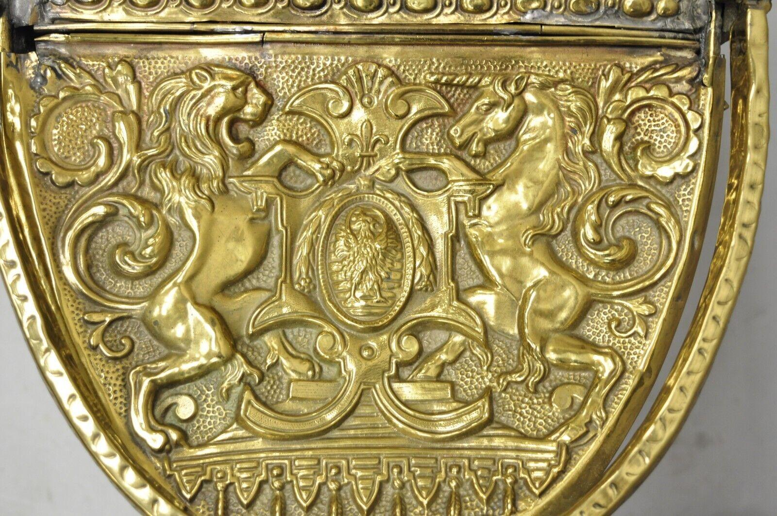 19th Century Antique English Renaissance Unicorn, Lion Shield Figural Brass Coal Bucket Bin For Sale