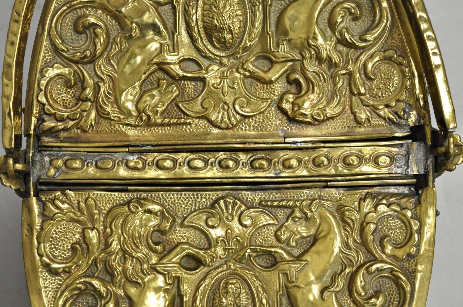 Antique English Renaissance Unicorn, Lion Shield Figural Brass Coal Bucket Bin For Sale 1