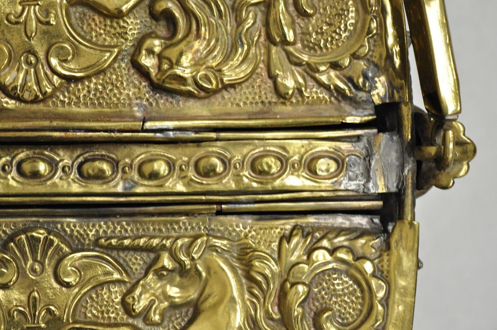 Antique English Renaissance Unicorn, Lion Shield Figural Brass Coal Bucket Bin For Sale 2