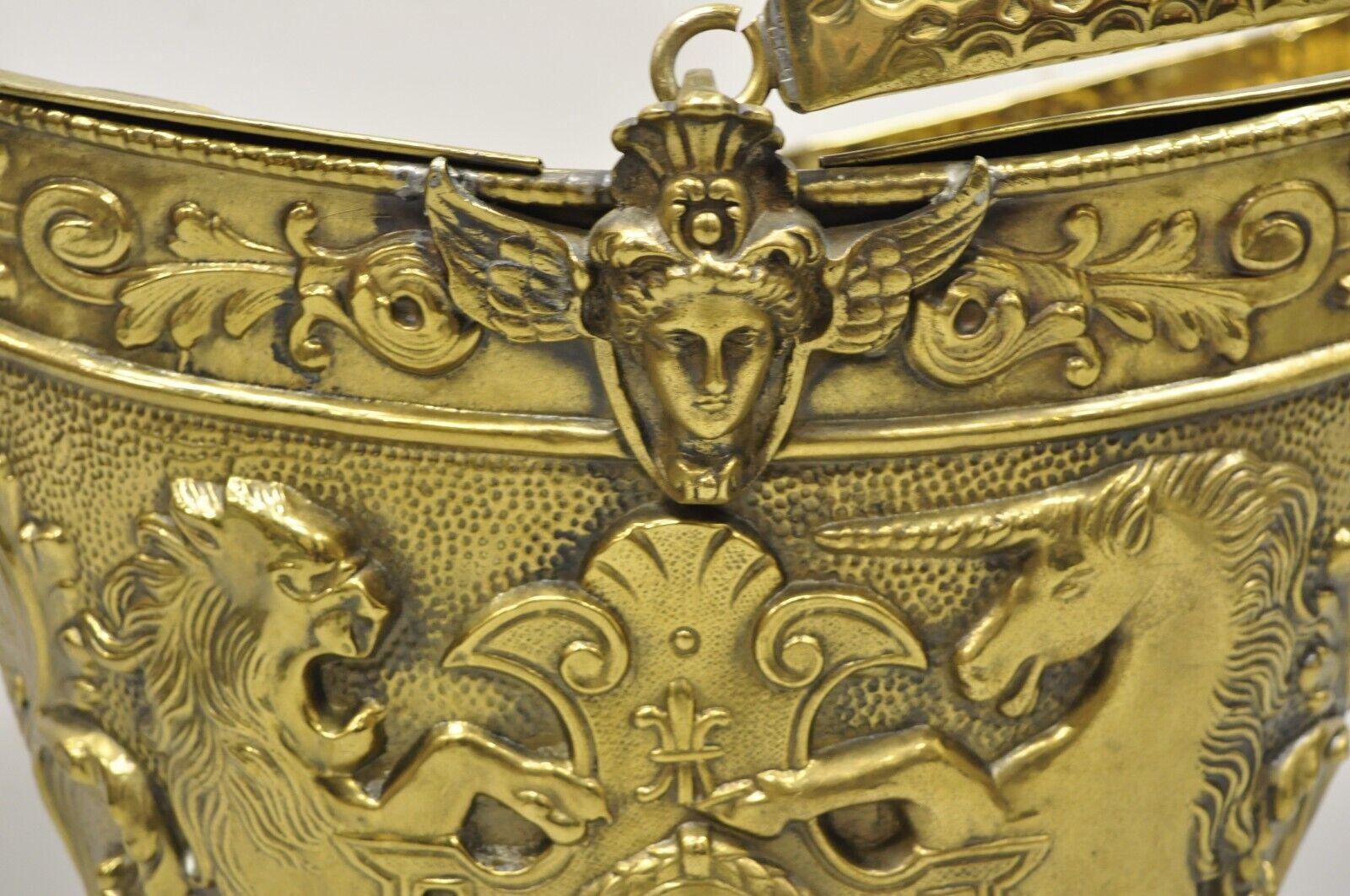 Antique English Renaissance Unicorn, Lion Shield Figural Brass Coal Bucket Bin For Sale 3