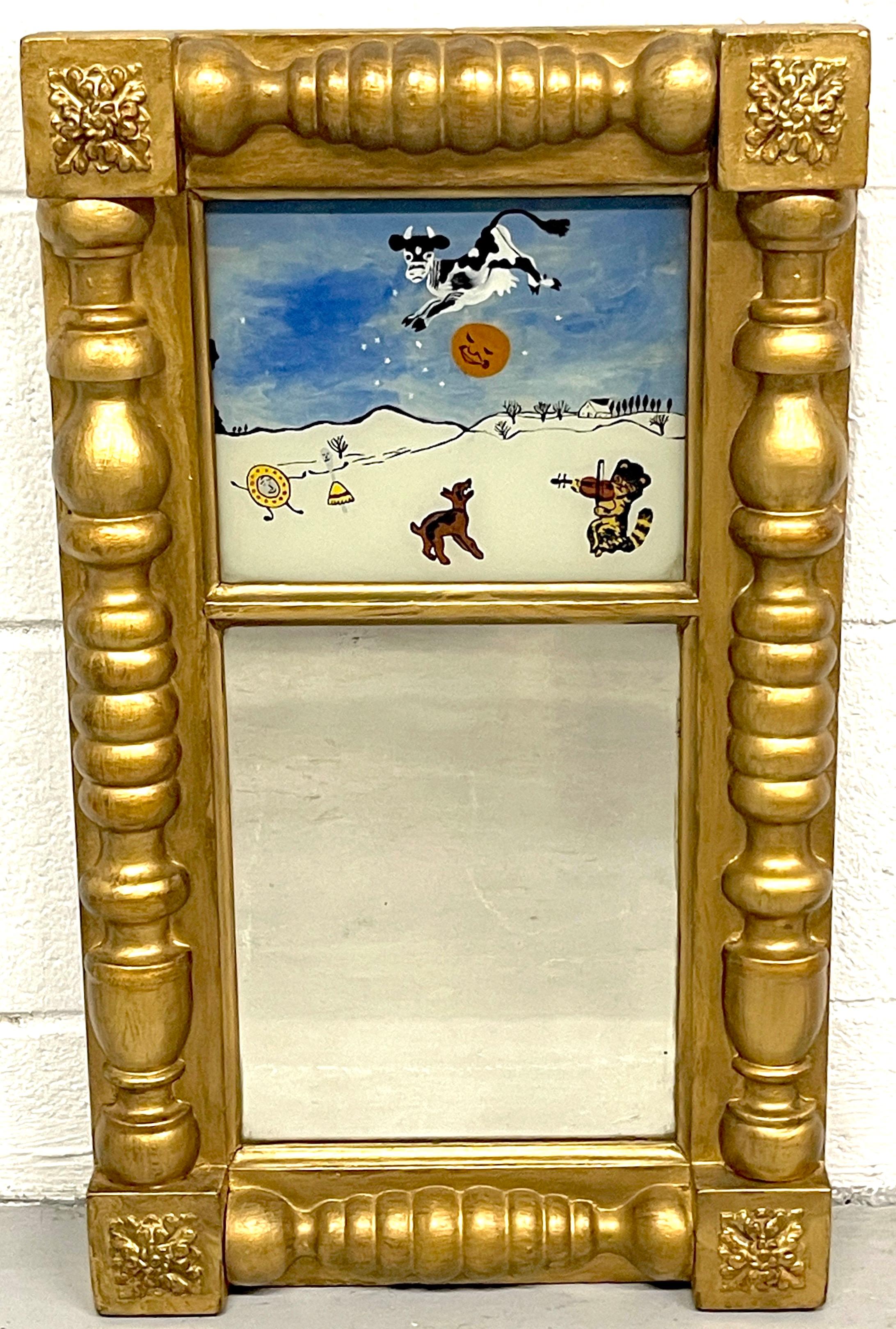 Antique English Reverse Painted 'Hey Diddle Diddle' Eglomise Child's Mirror 
England, Circa 1850s

A true rarity, a diminutive gilt Eglomise /reverse painted mirror depicting the English nursery rhyme Hey diddle, diddle!.
Finely executed with