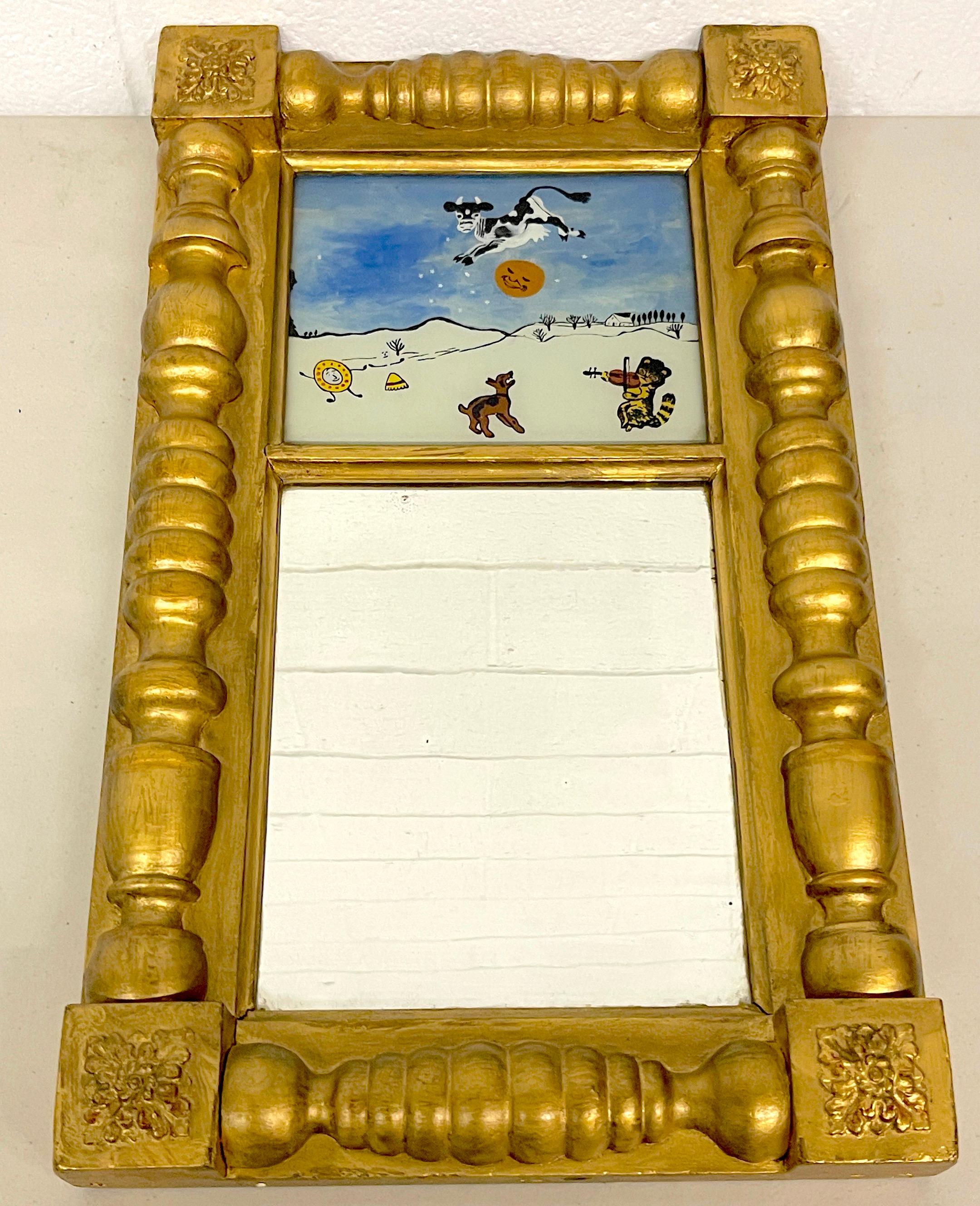 Carved Antique English Reverse Painted 'Hey Diddle Diddle' Eglomise Child's Mirror For Sale