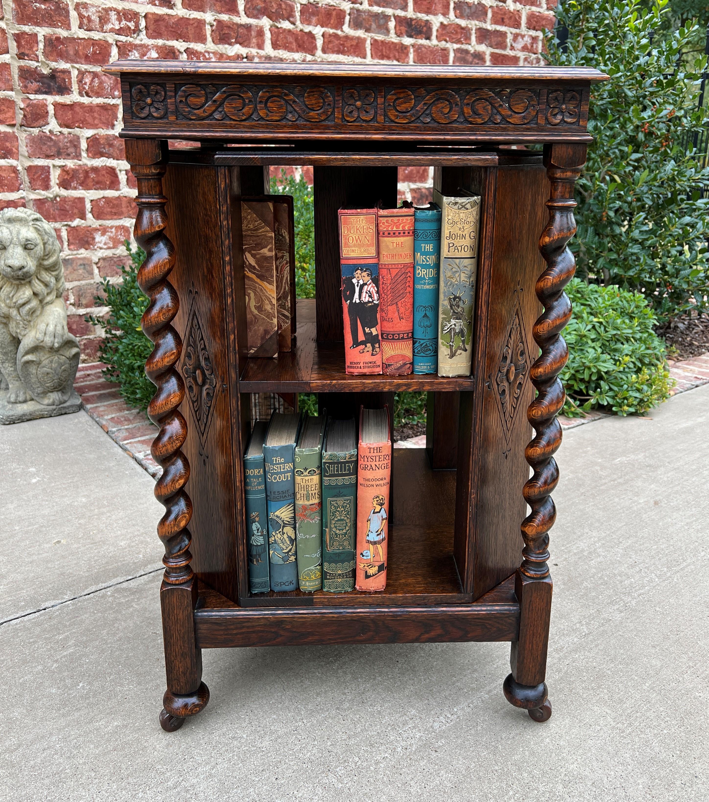 Antique English Revolving Bookcase Book Shelf End Table Barley Twist Oak Rolling 5