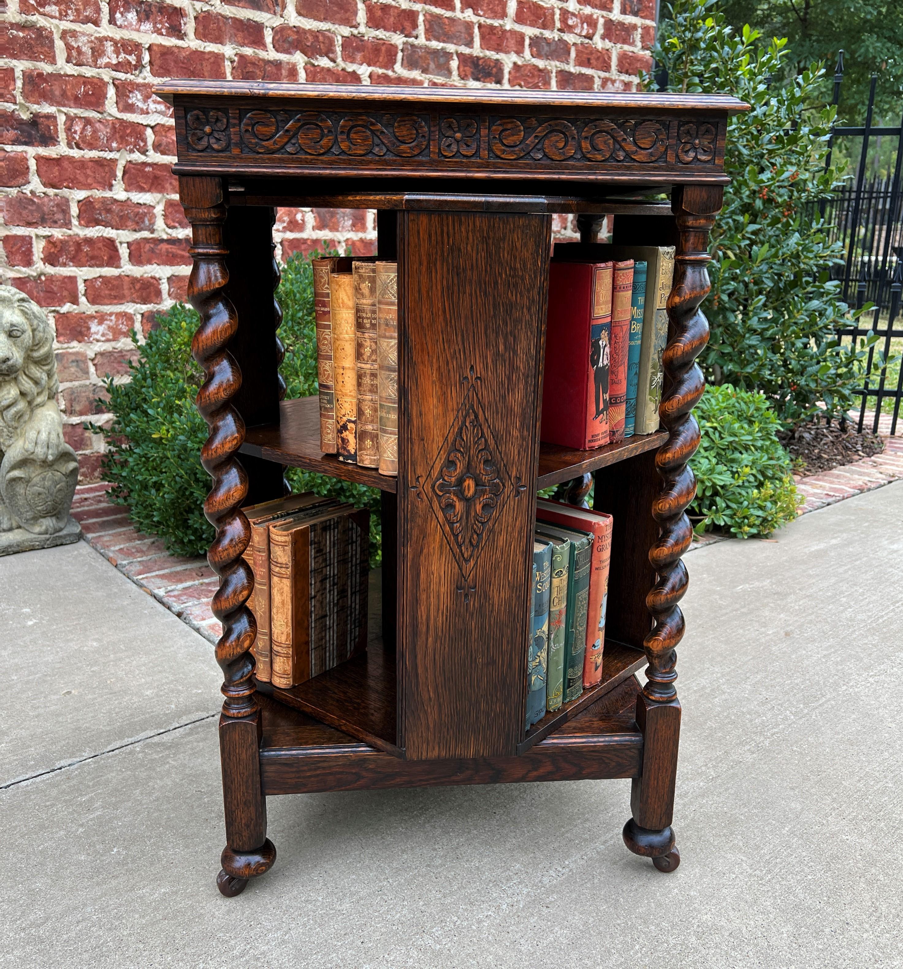 Antique English Revolving Bookcase Book Shelf End Table Barley Twist Oak Rolling 6