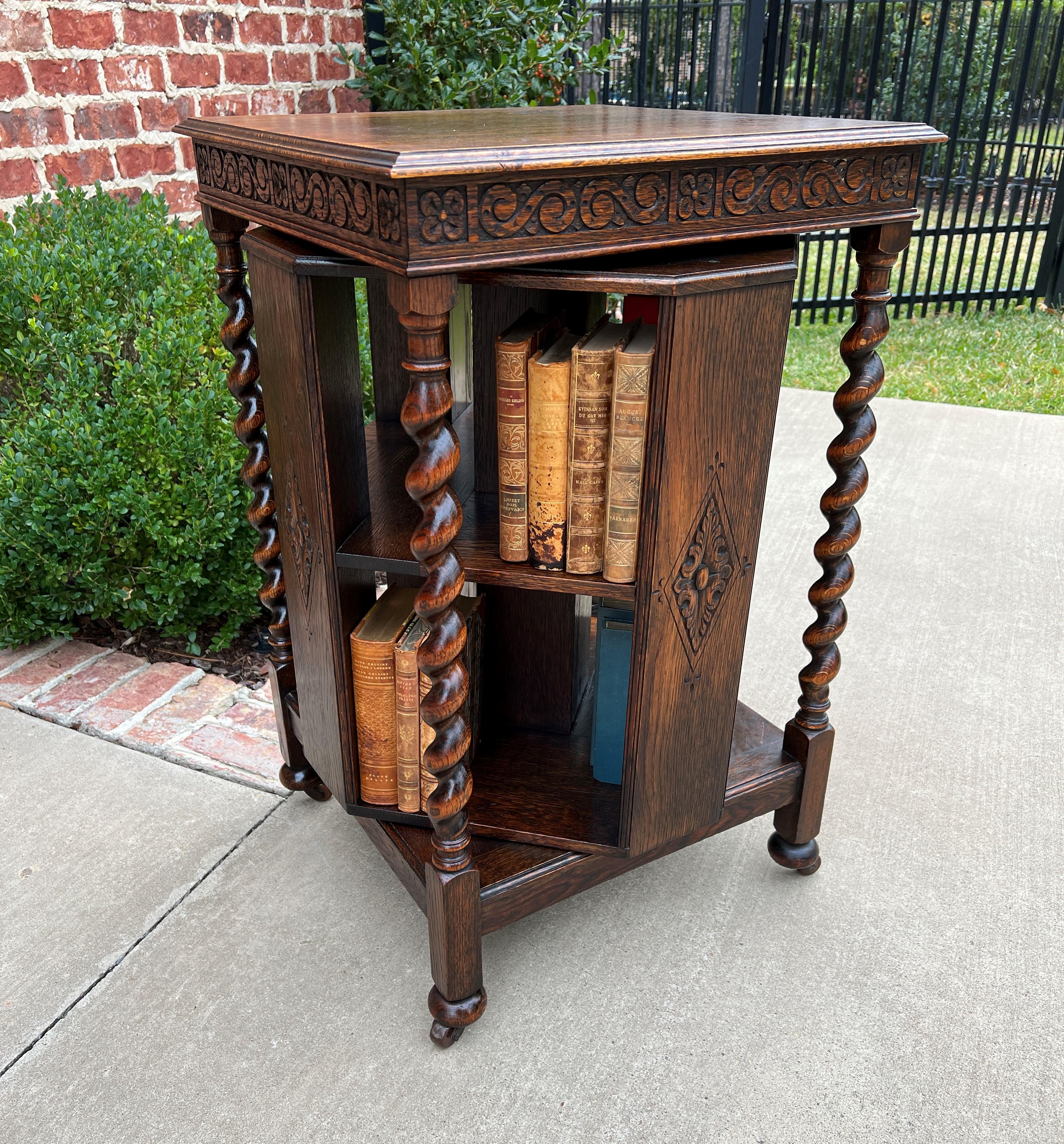 Antique English Revolving Bookcase Book Shelf End Table Barley Twist Oak Rolling 7