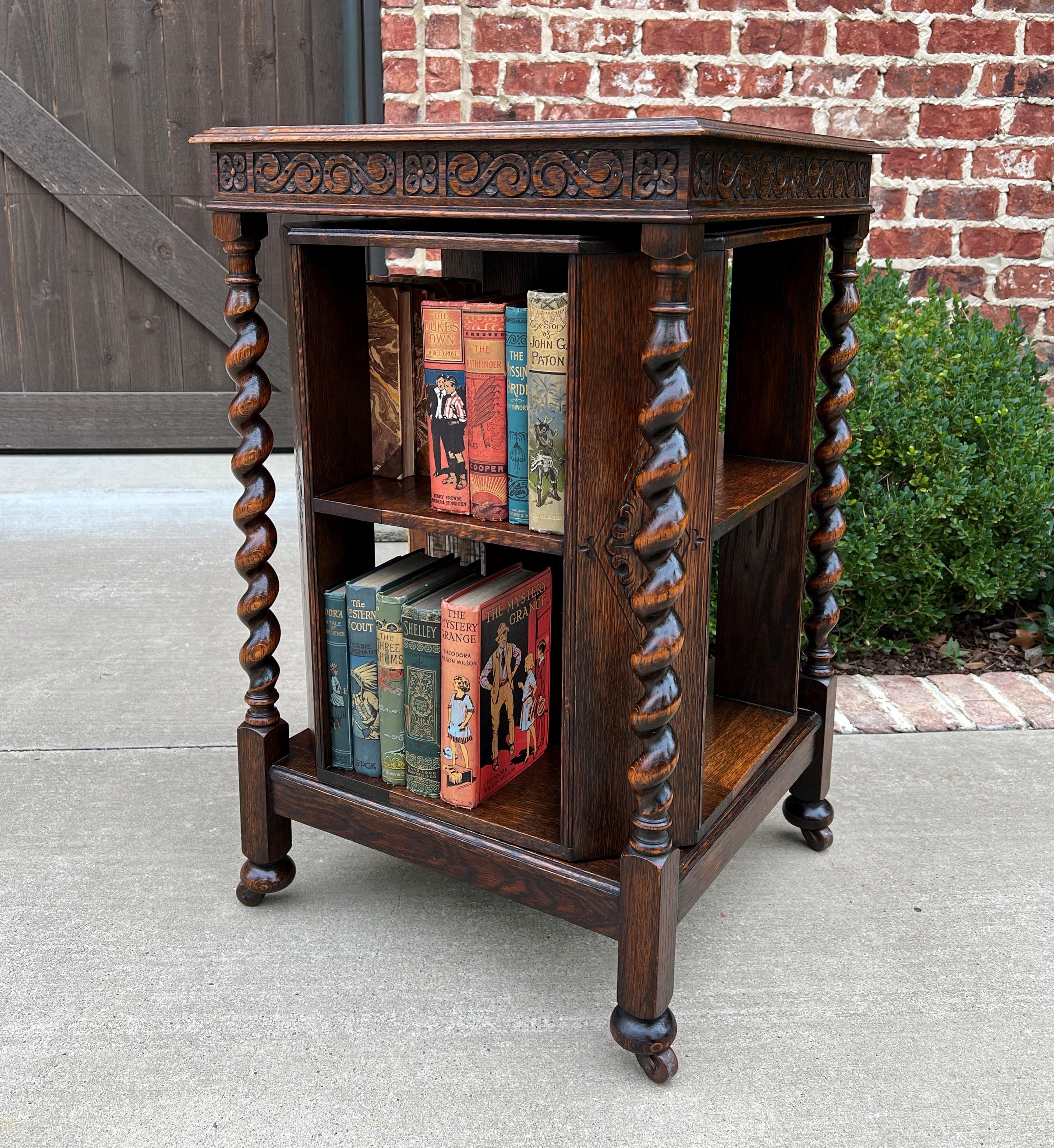 Antique English Revolving Bookcase Book Shelf End Table Barley Twist Oak Rolling 8