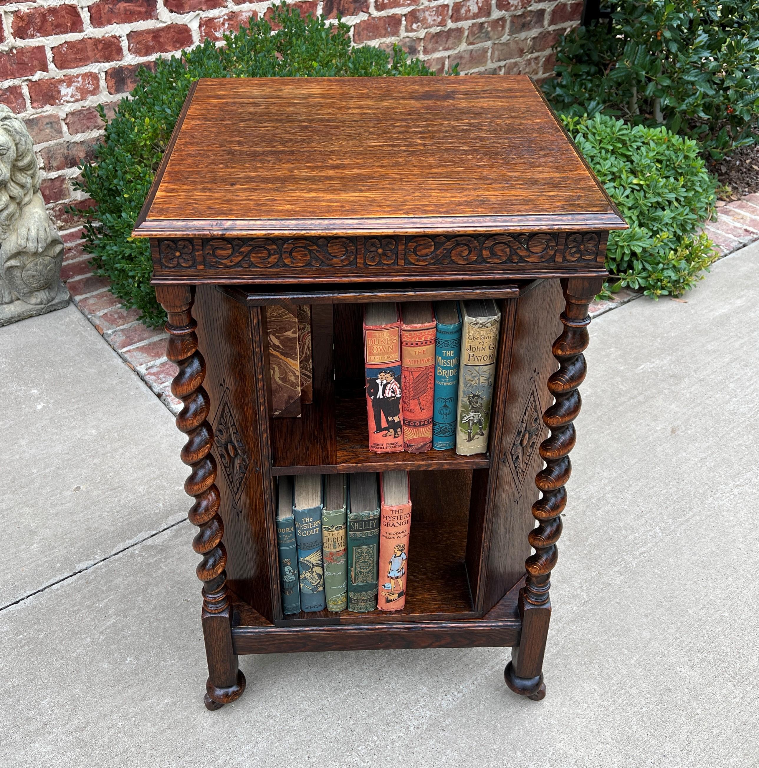 Antique English Revolving Bookcase Book Shelf End Table Barley Twist Oak Rolling 9