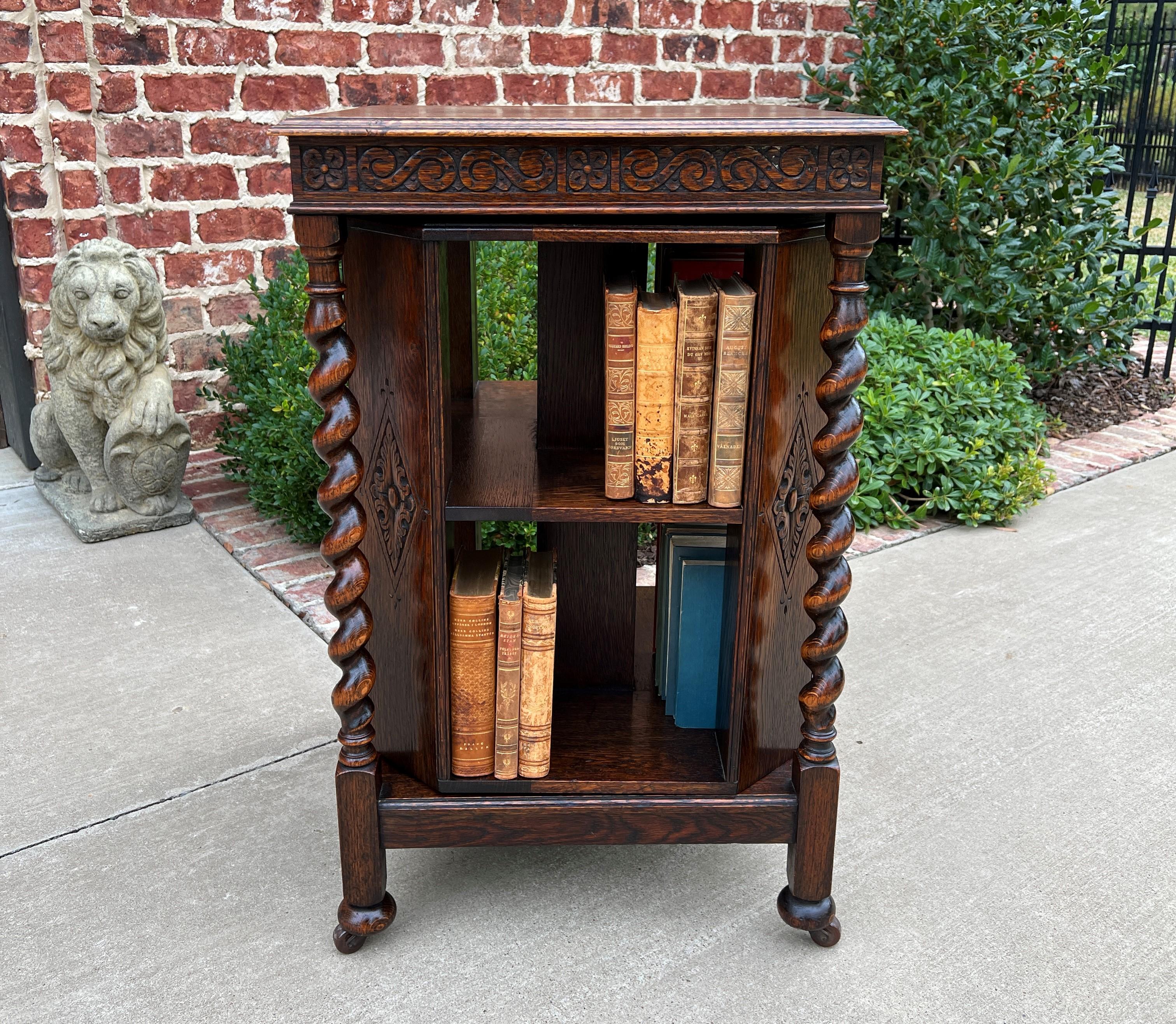 Antique English Revolving Bookcase Book Shelf End Table Barley Twist Oak Rolling 10