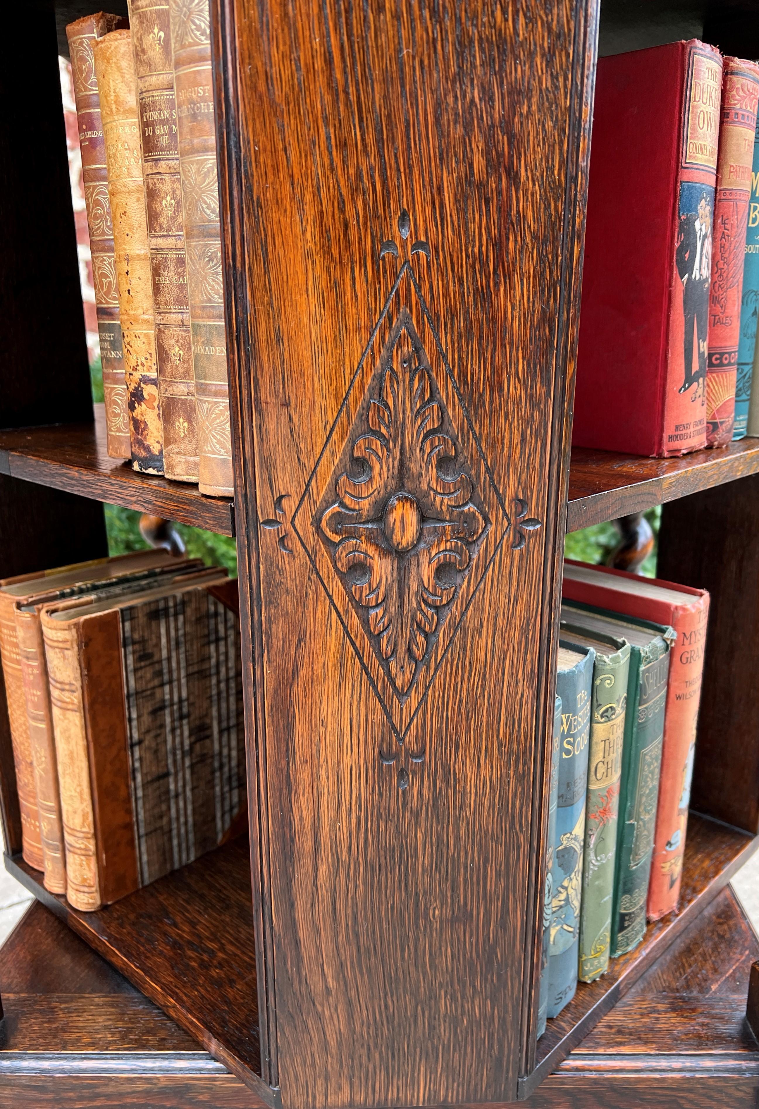 Antique English Revolving Bookcase Book Shelf End Table Barley Twist Oak Rolling 11