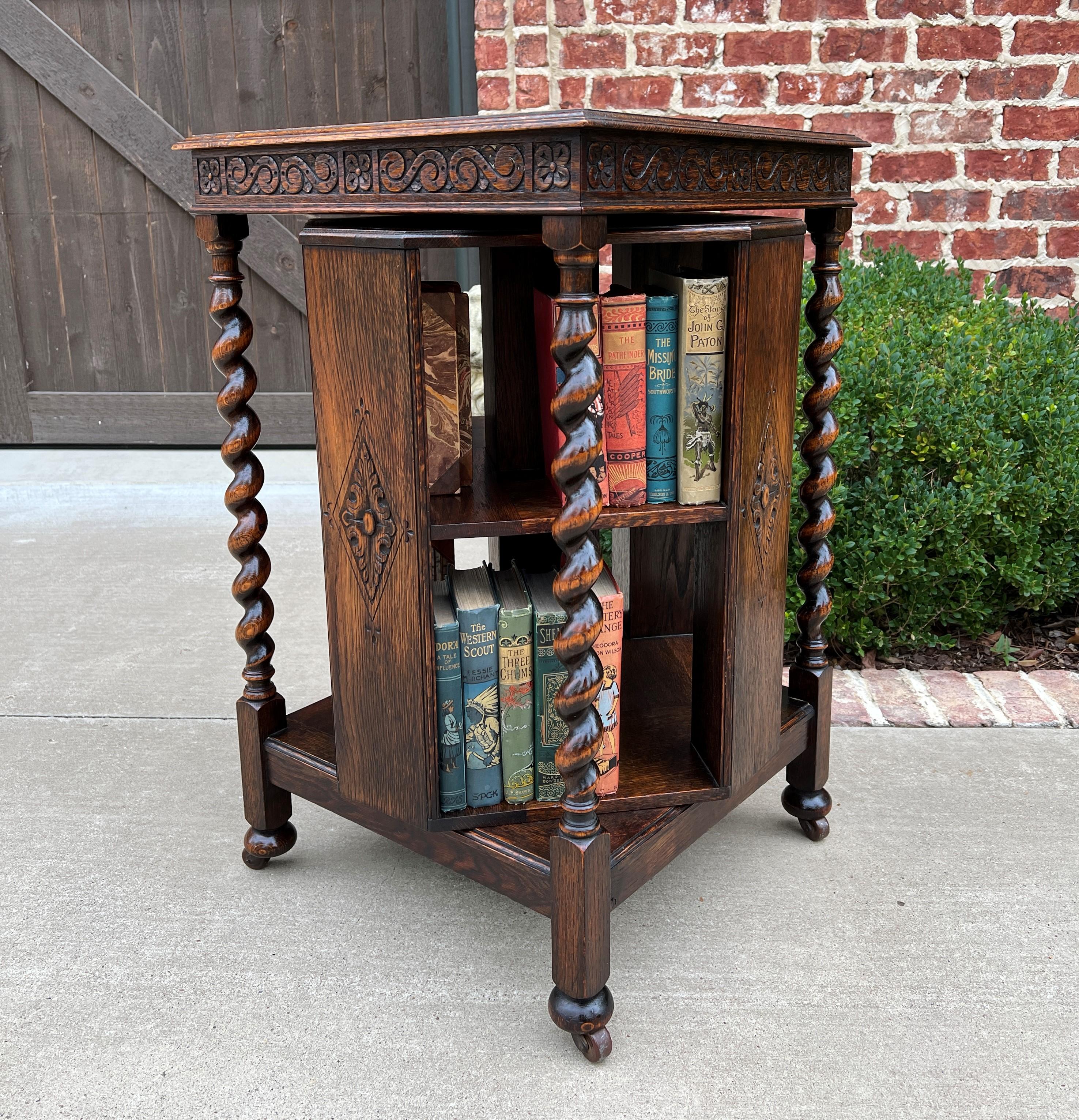 Antique English Revolving Bookcase Book Shelf End Table Barley Twist Oak Rolling 12