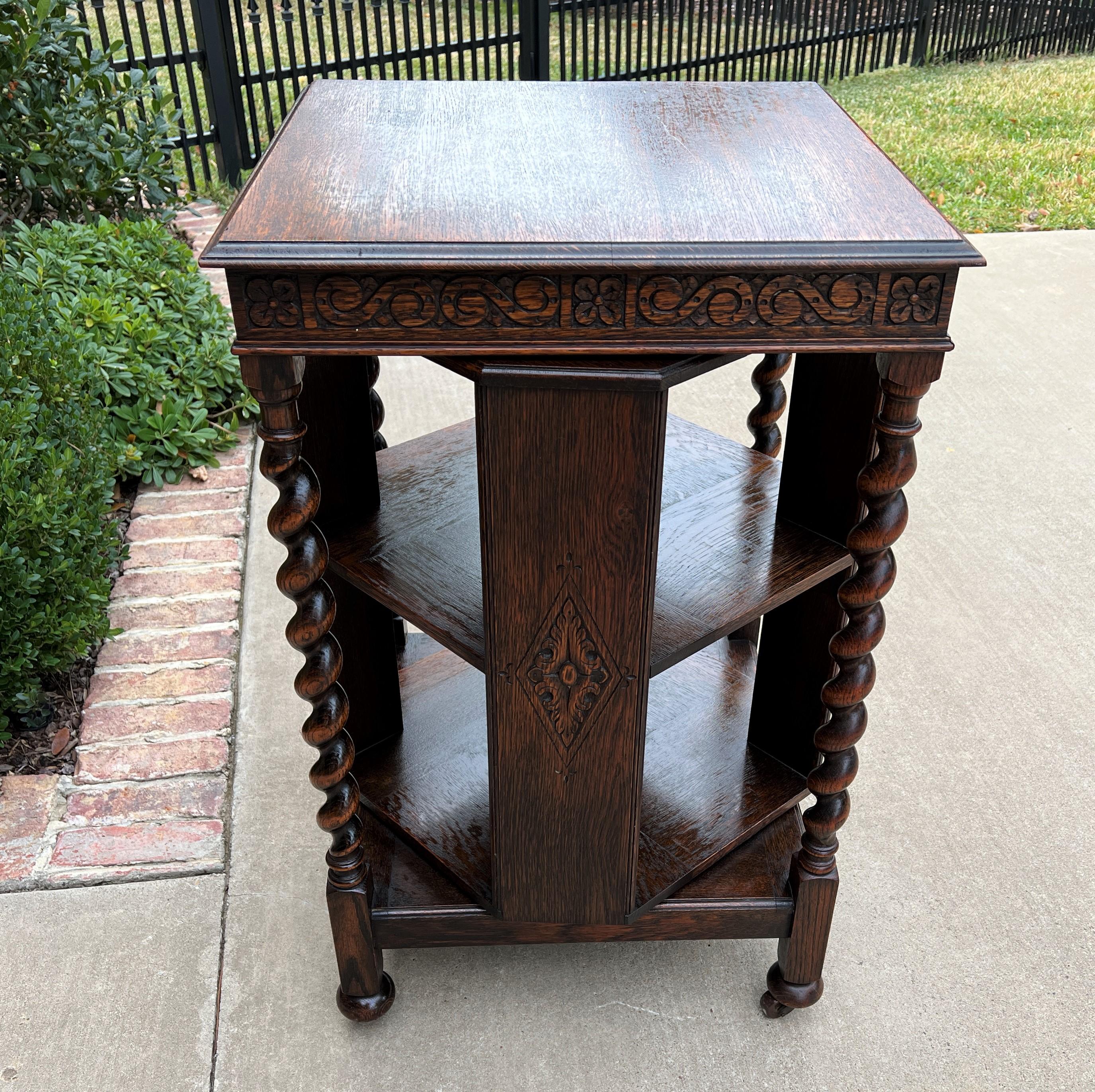 Antique English Revolving Bookcase Book Shelf End Table Barley Twist Oak Rolling 13