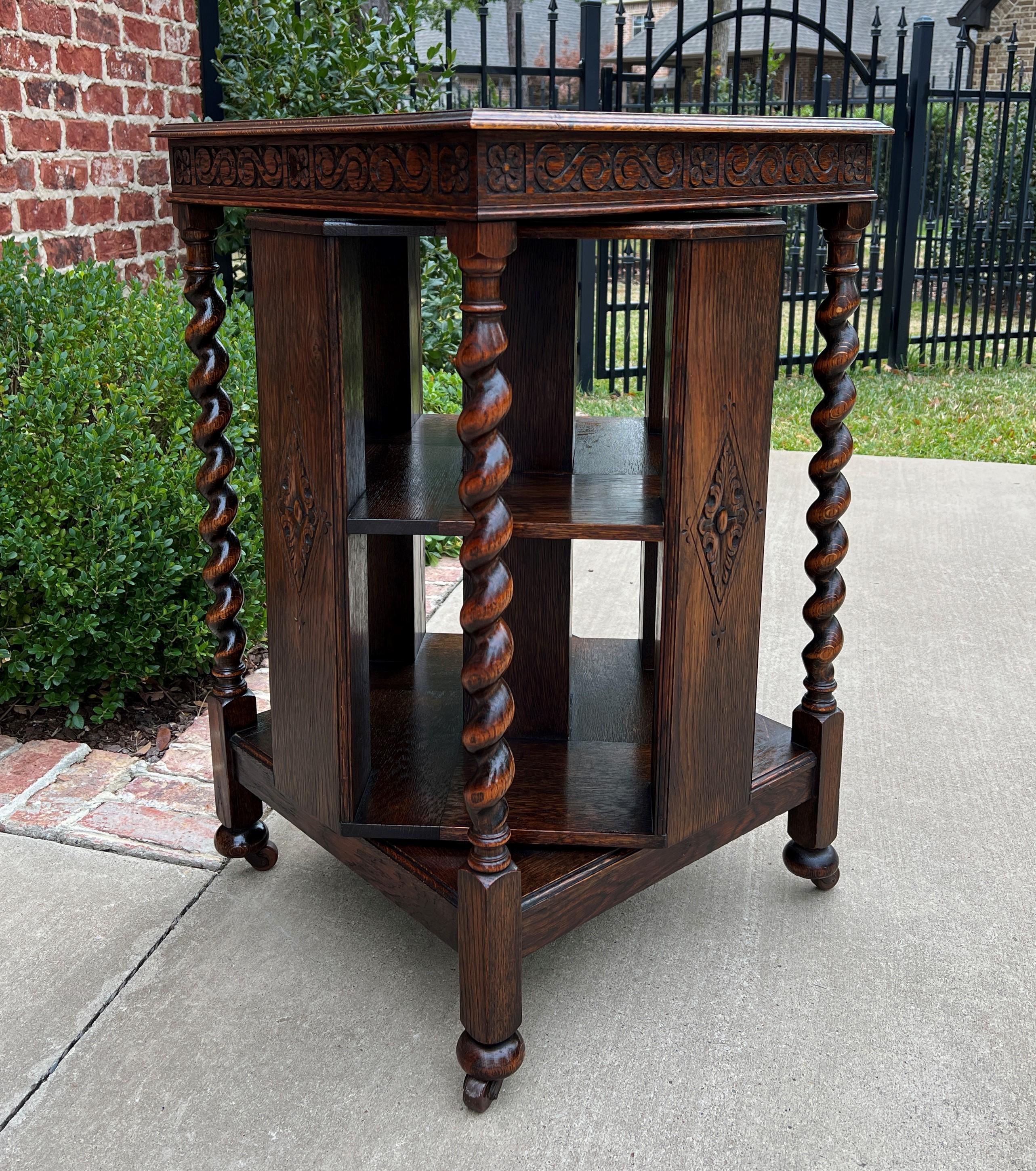 Arts and Crafts Antique English Revolving Bookcase Book Shelf End Table Barley Twist Oak Rolling