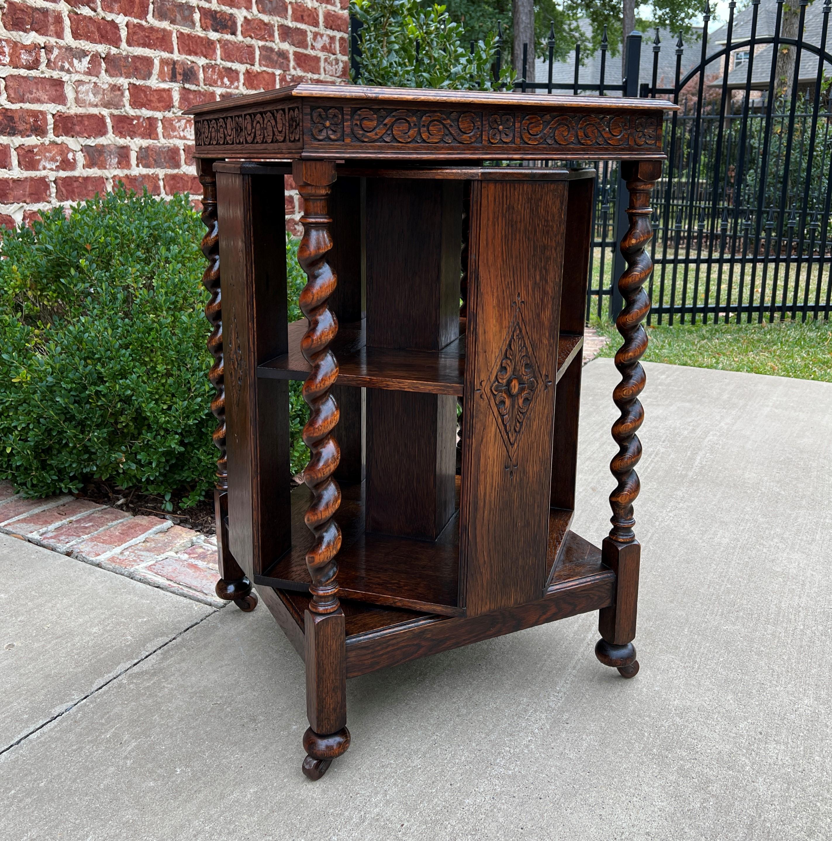 Antique English Revolving Bookcase Book Shelf End Table Barley Twist Oak Rolling 1