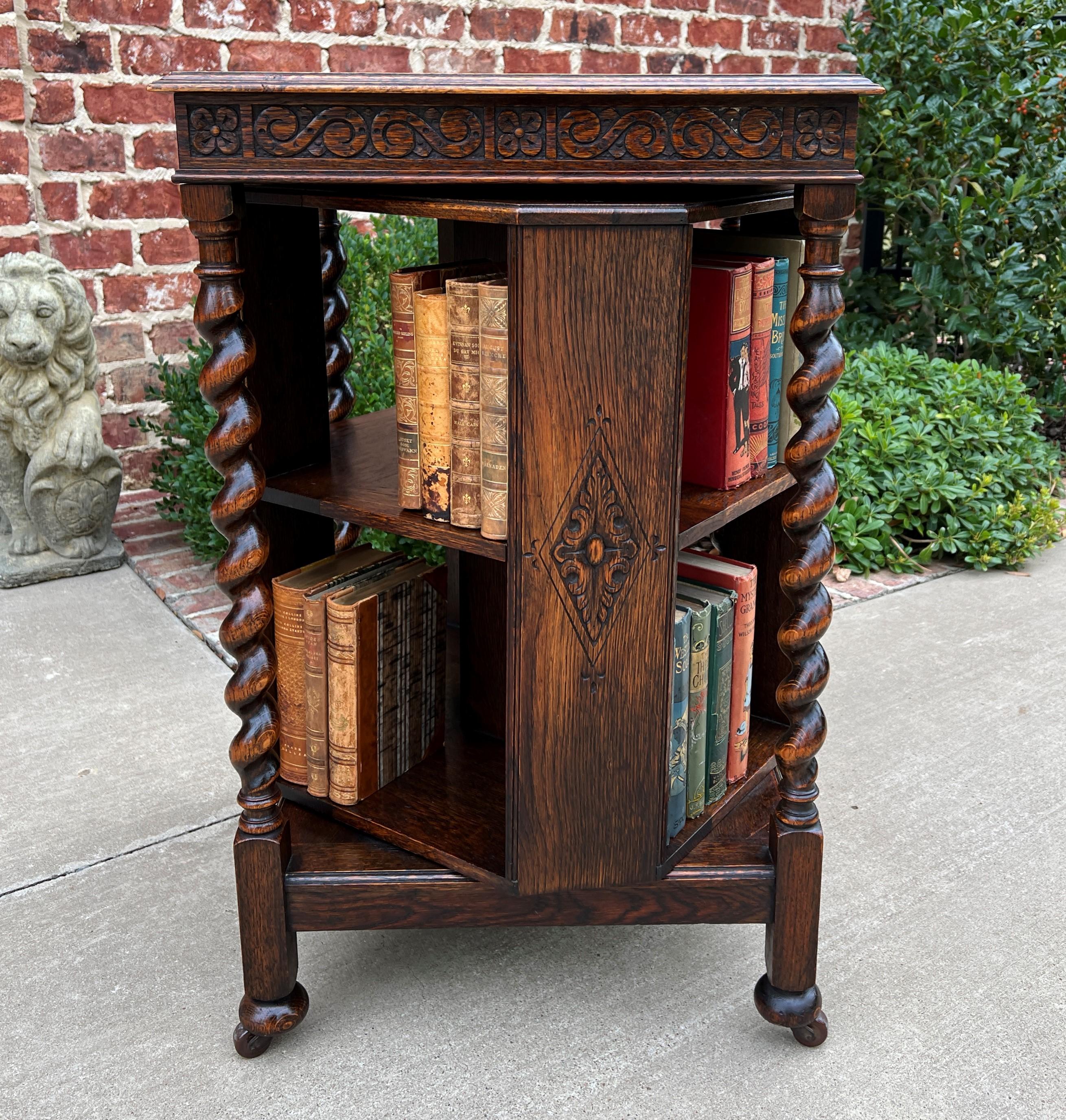 Antique English Revolving Bookcase Book Shelf End Table Barley Twist Oak Rolling 2