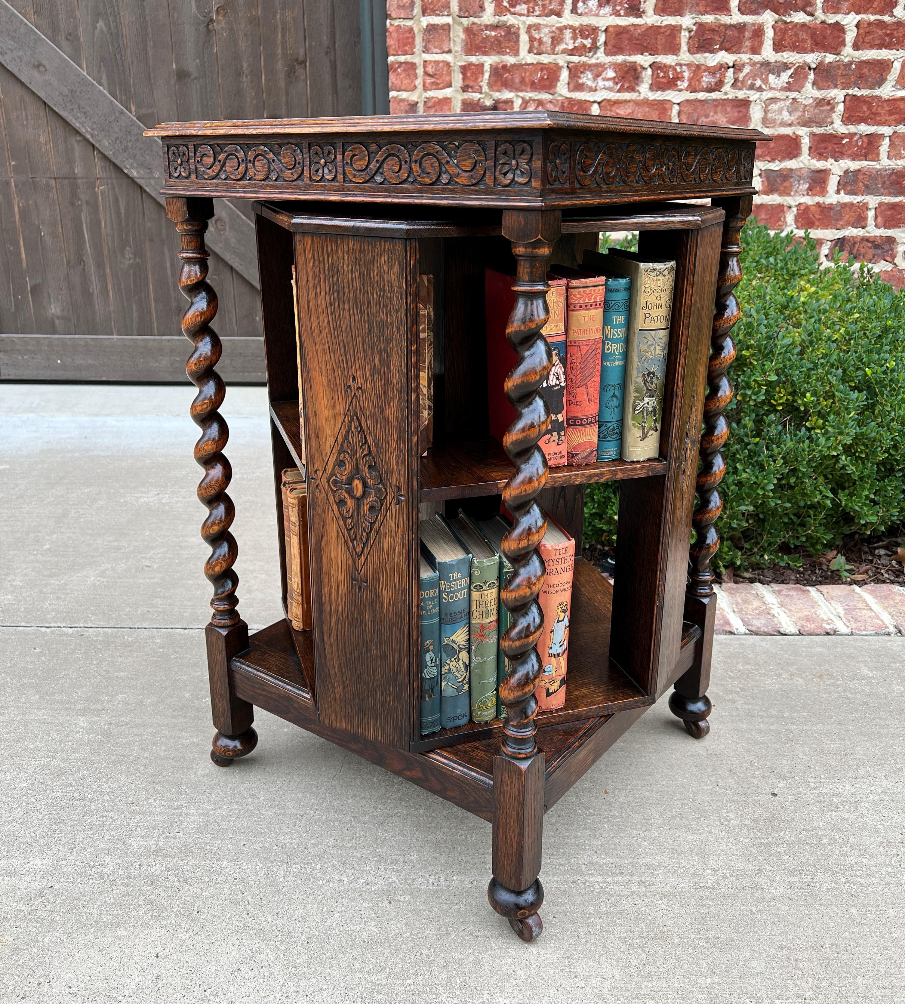 Antique English Revolving Bookcase Book Shelf End Table Barley Twist Oak Rolling 4