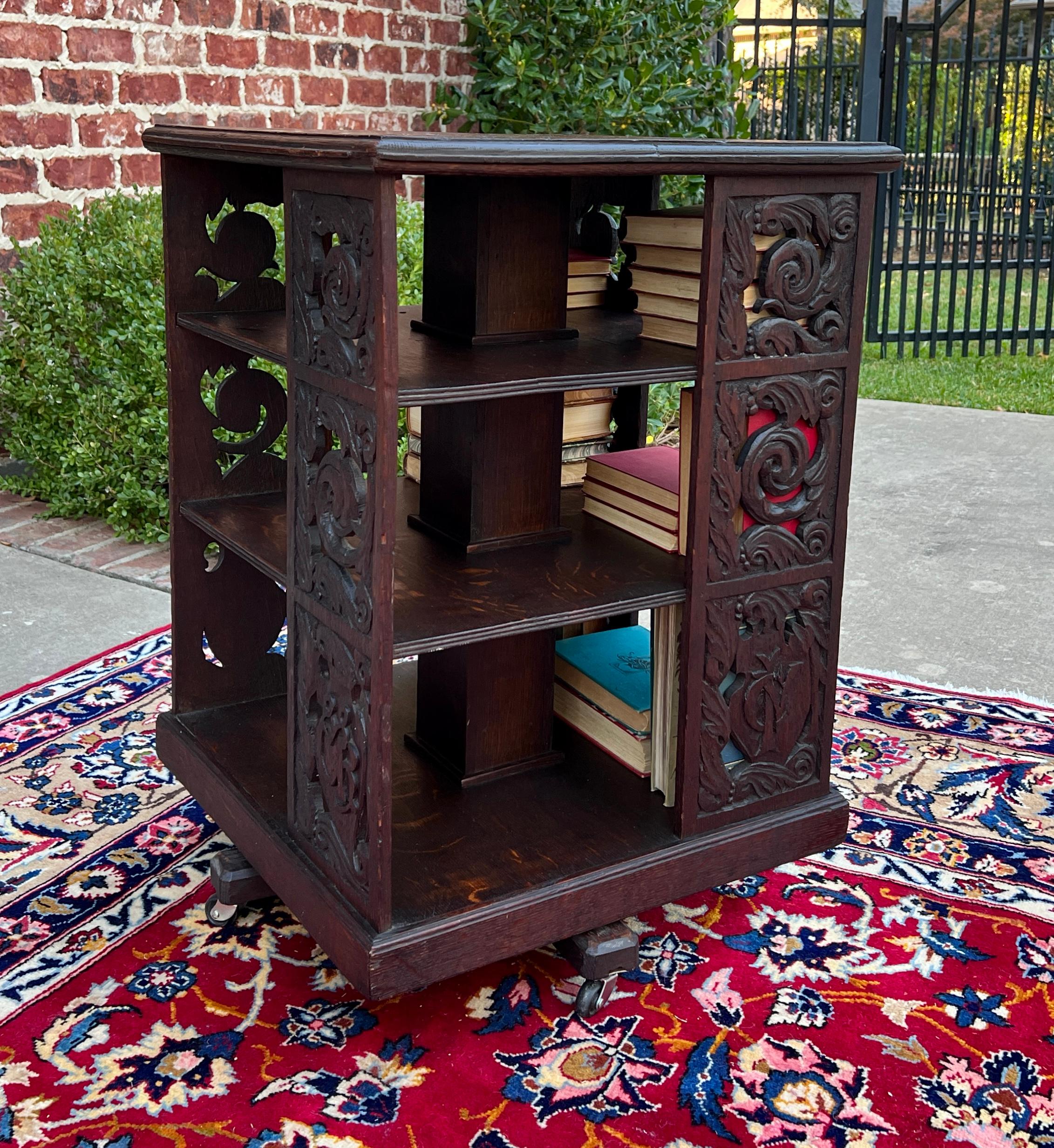 Antique English Revolving Bookcase Carved Display Cabinet Carved Oak c.19th C 5