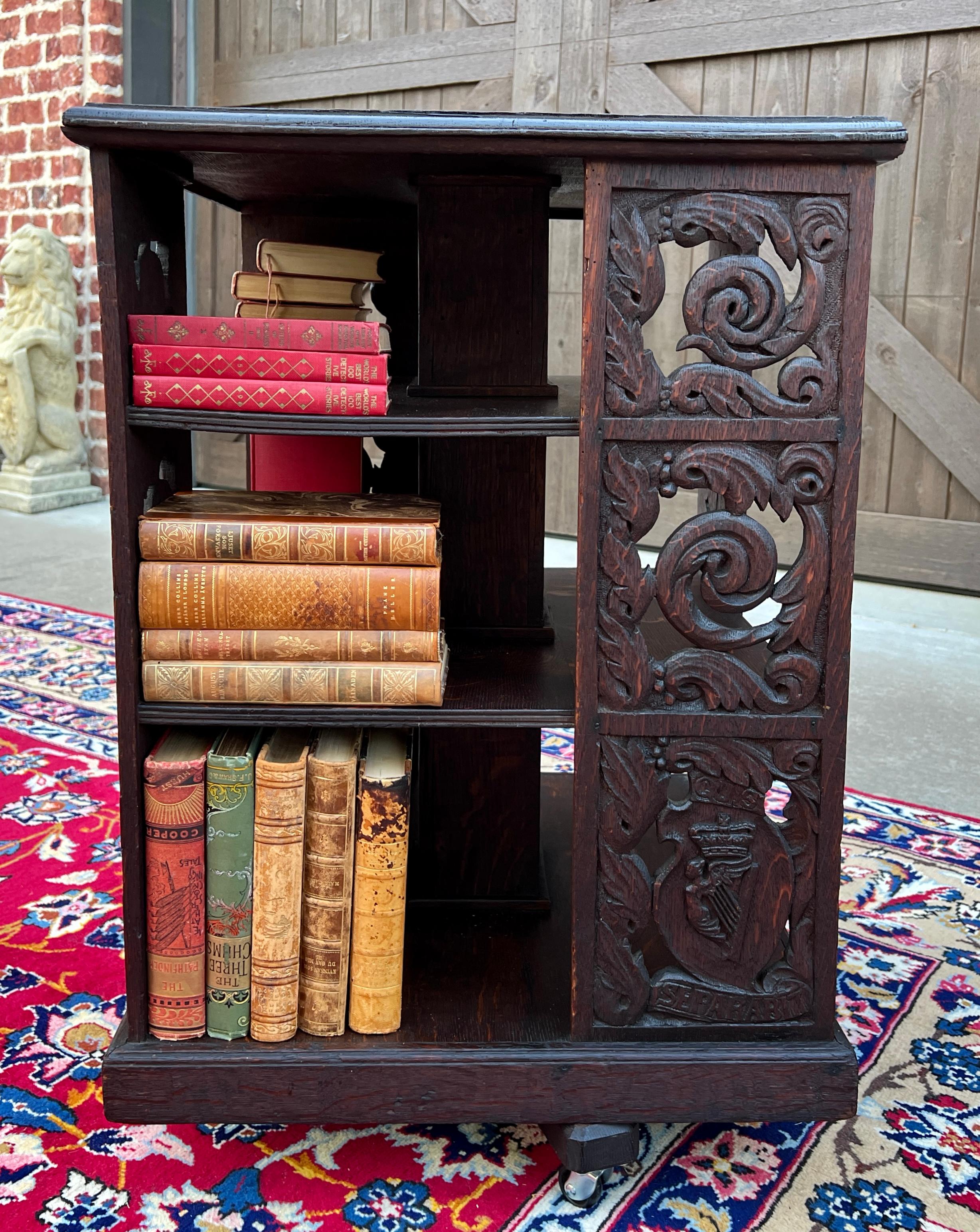 Antique English Revolving Bookcase Carved Display Cabinet Carved Oak c.19th C 9